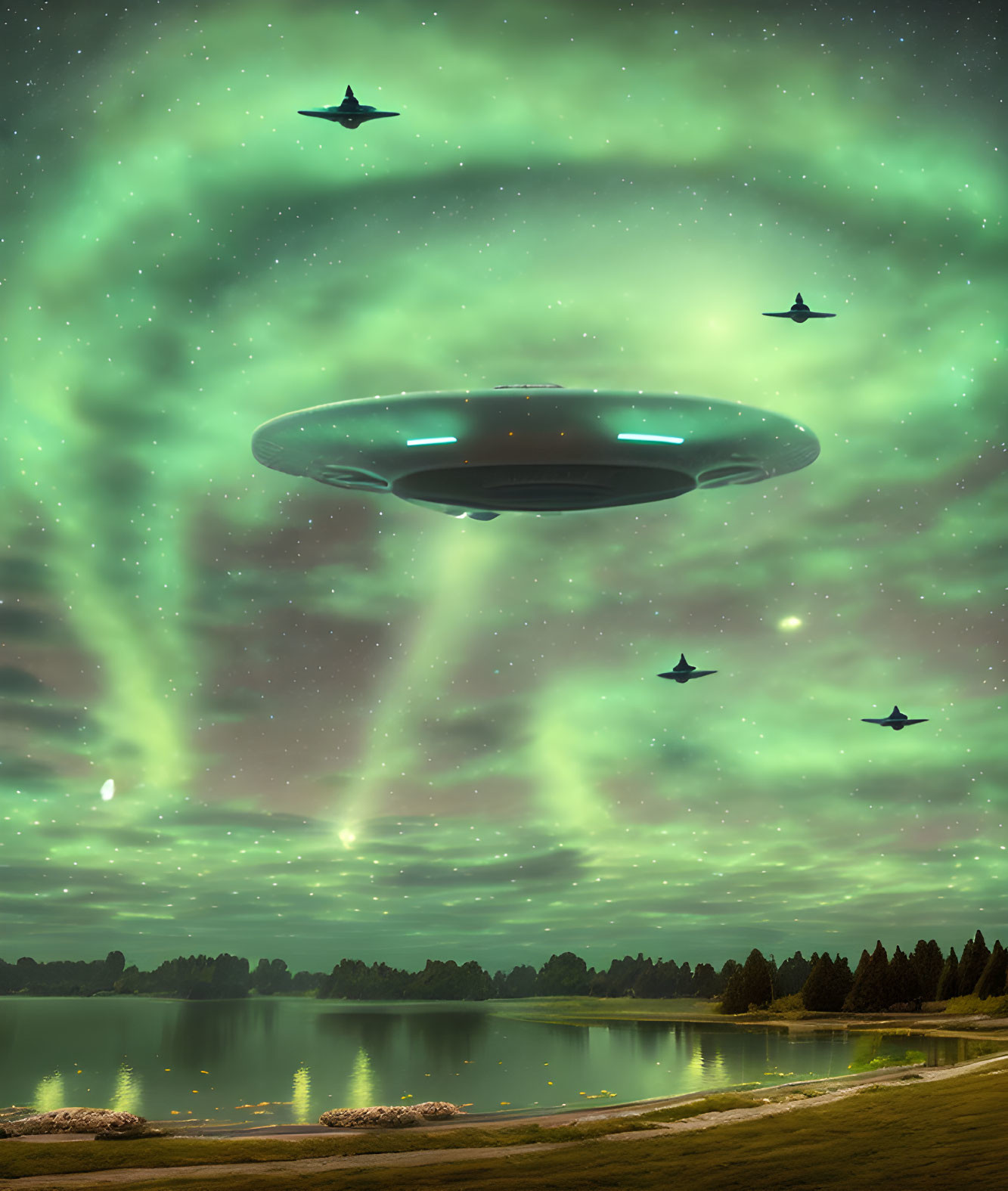 Unidentified Flying Object under aurora sky with jets over tranquil lake