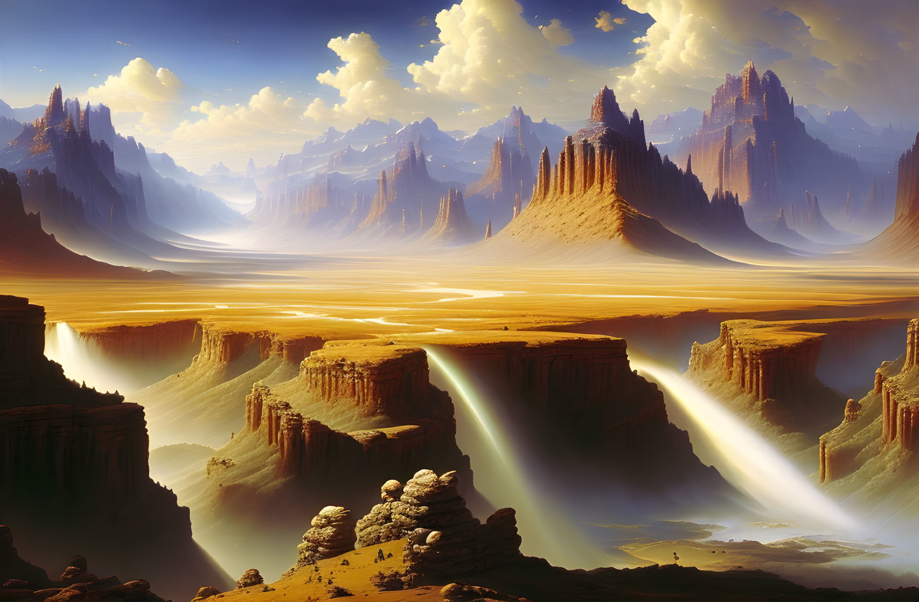 Majestic desert canyon with cliffs, waterfalls, and glowing river