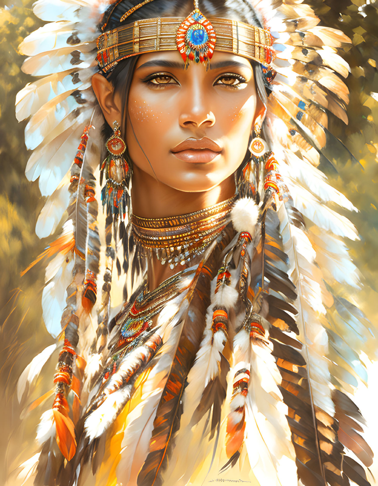 Portrait of Woman with Feather Headdress and Beadwork on Golden Nature Background