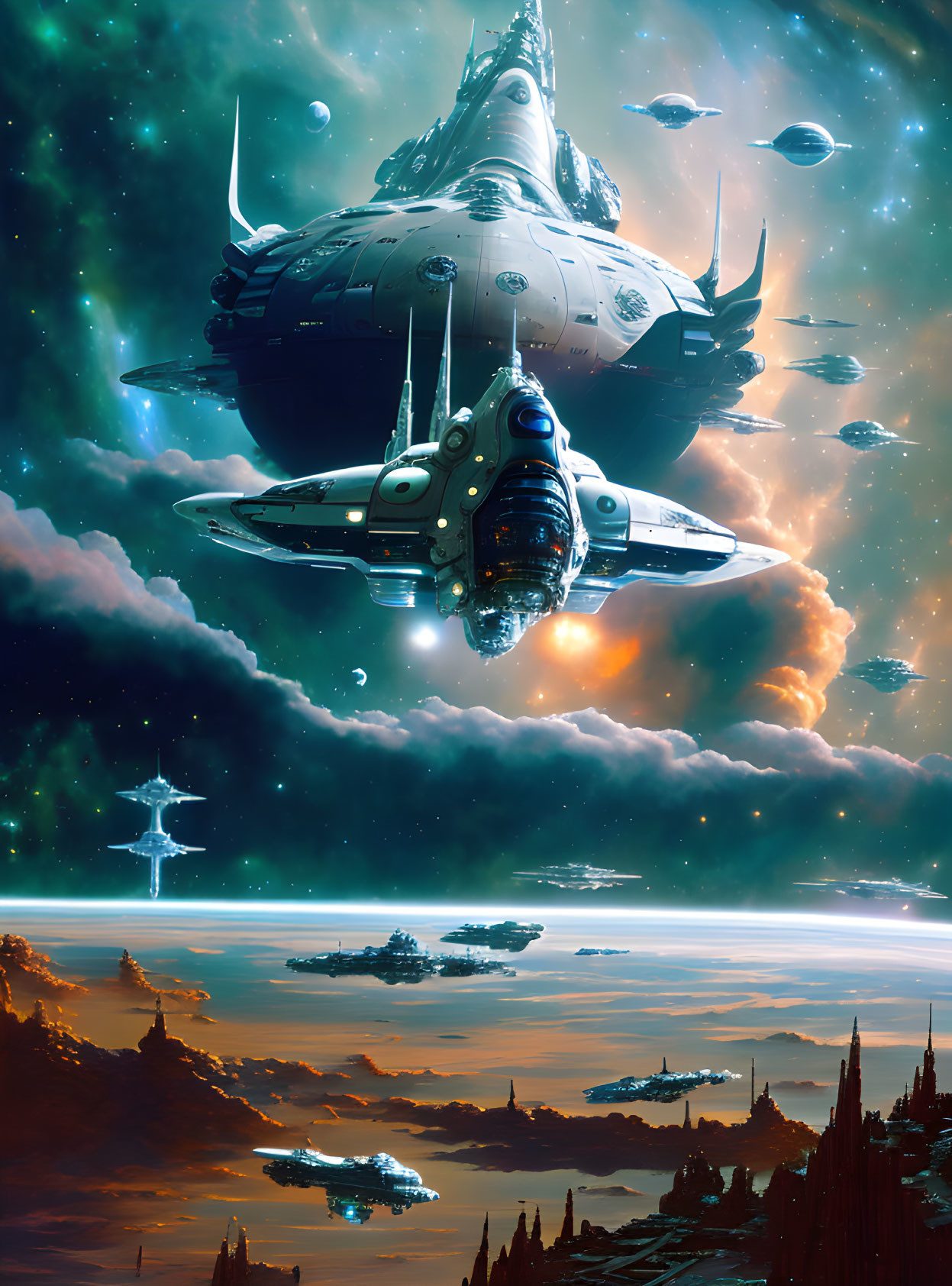 Futuristic sci-fi scene: spaceships, alien planet, celestial bodies