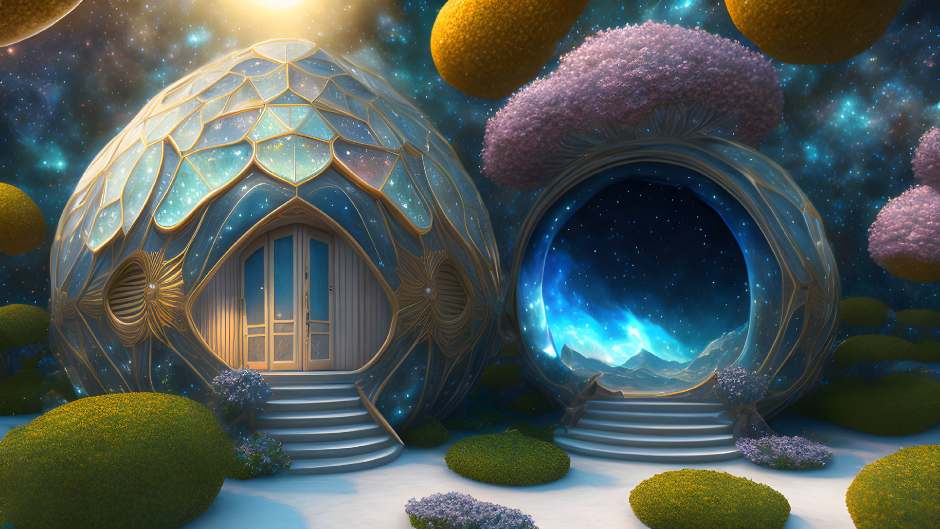 Fantastical landscape with domed structure, portal, stars, trees, and twilight sky.