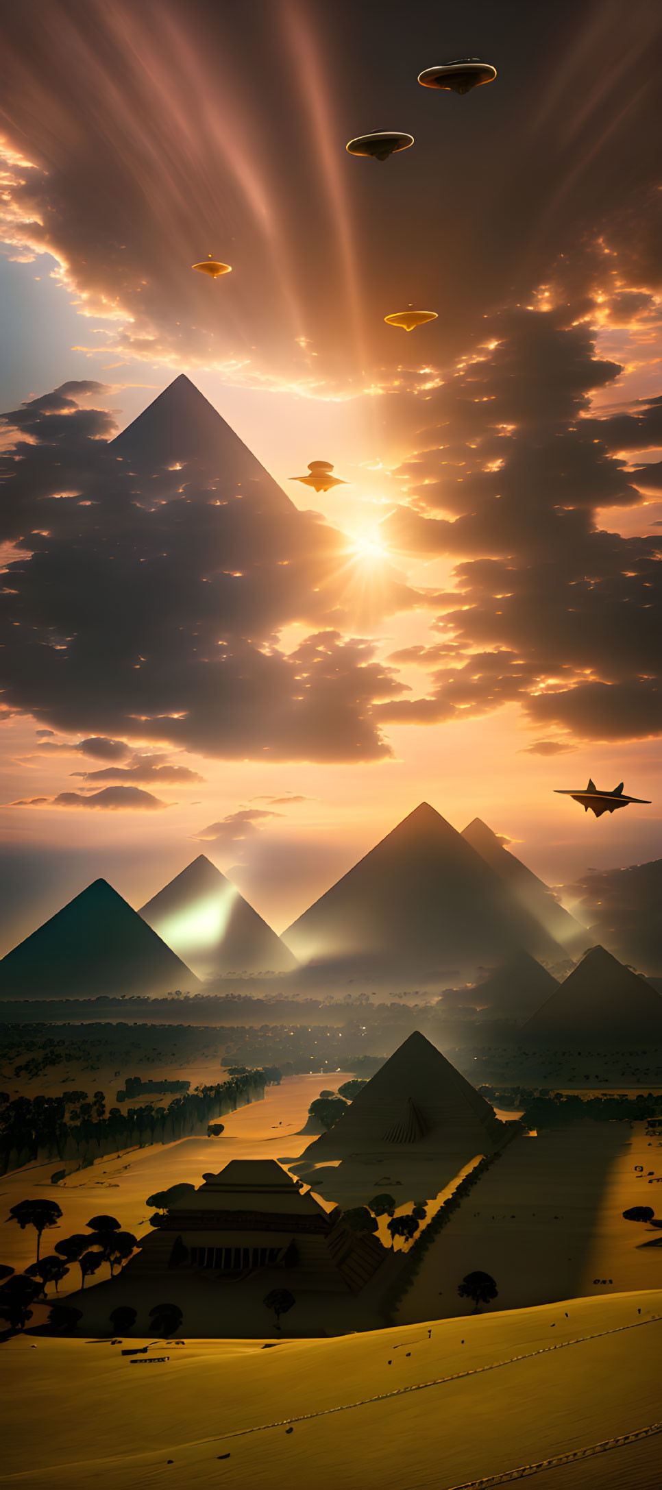 Majestic Egyptian pyramids at sunset with UFOs and fighter jet.