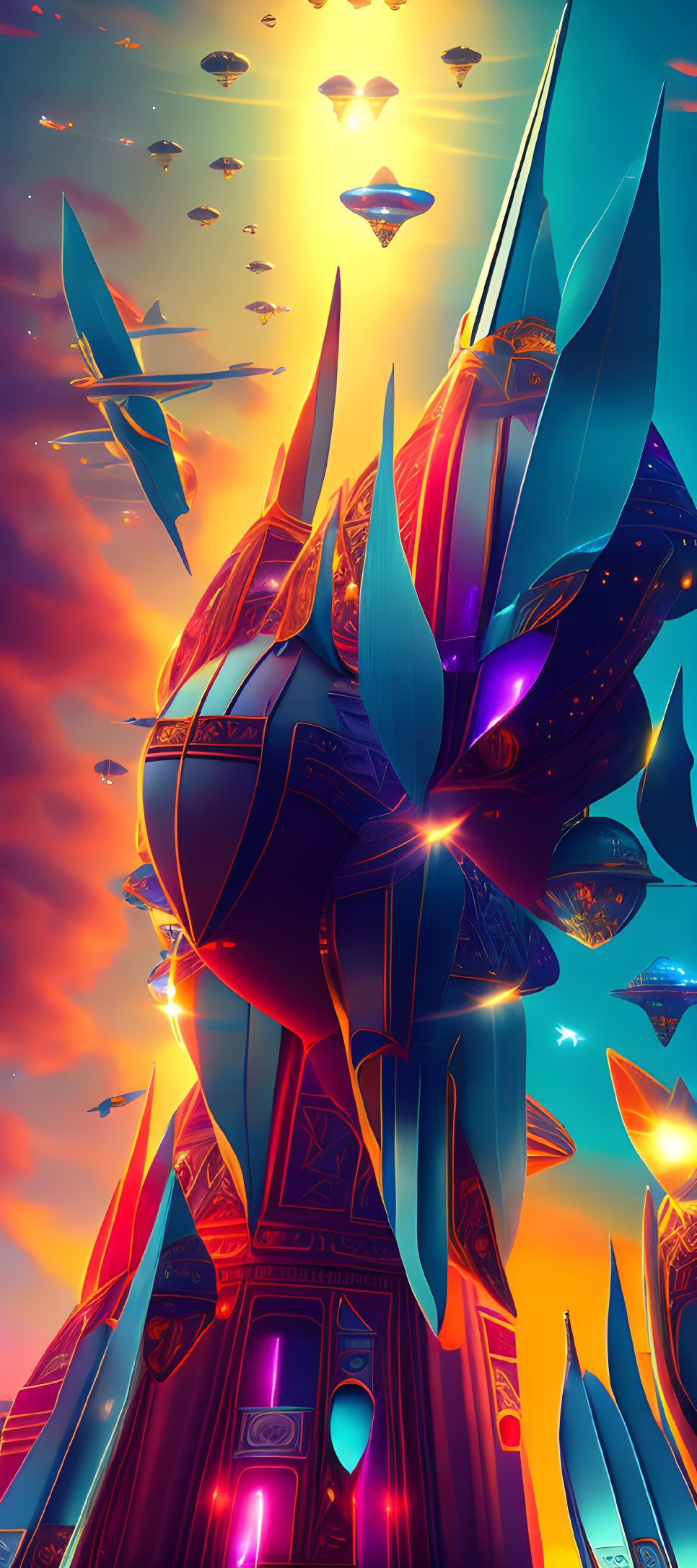 Surreal sci-fi landscape: Alien structure, glowing symbols, geometric ships, sunset sky