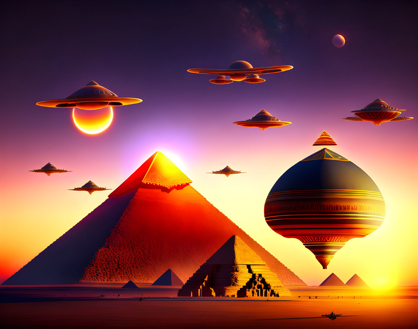 Pyramids and UFOs under sunset sky: Large spacecraft and flying saucers