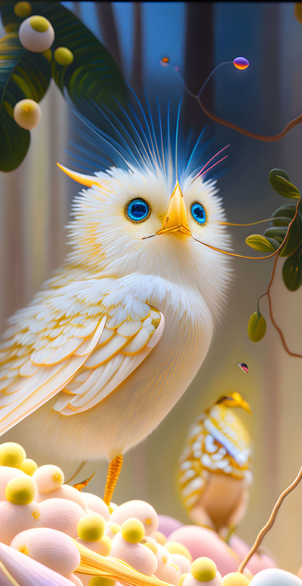 Colorful digital illustration of fluffy yellow bird with blue-tipped feathers perched among pastel blossoms