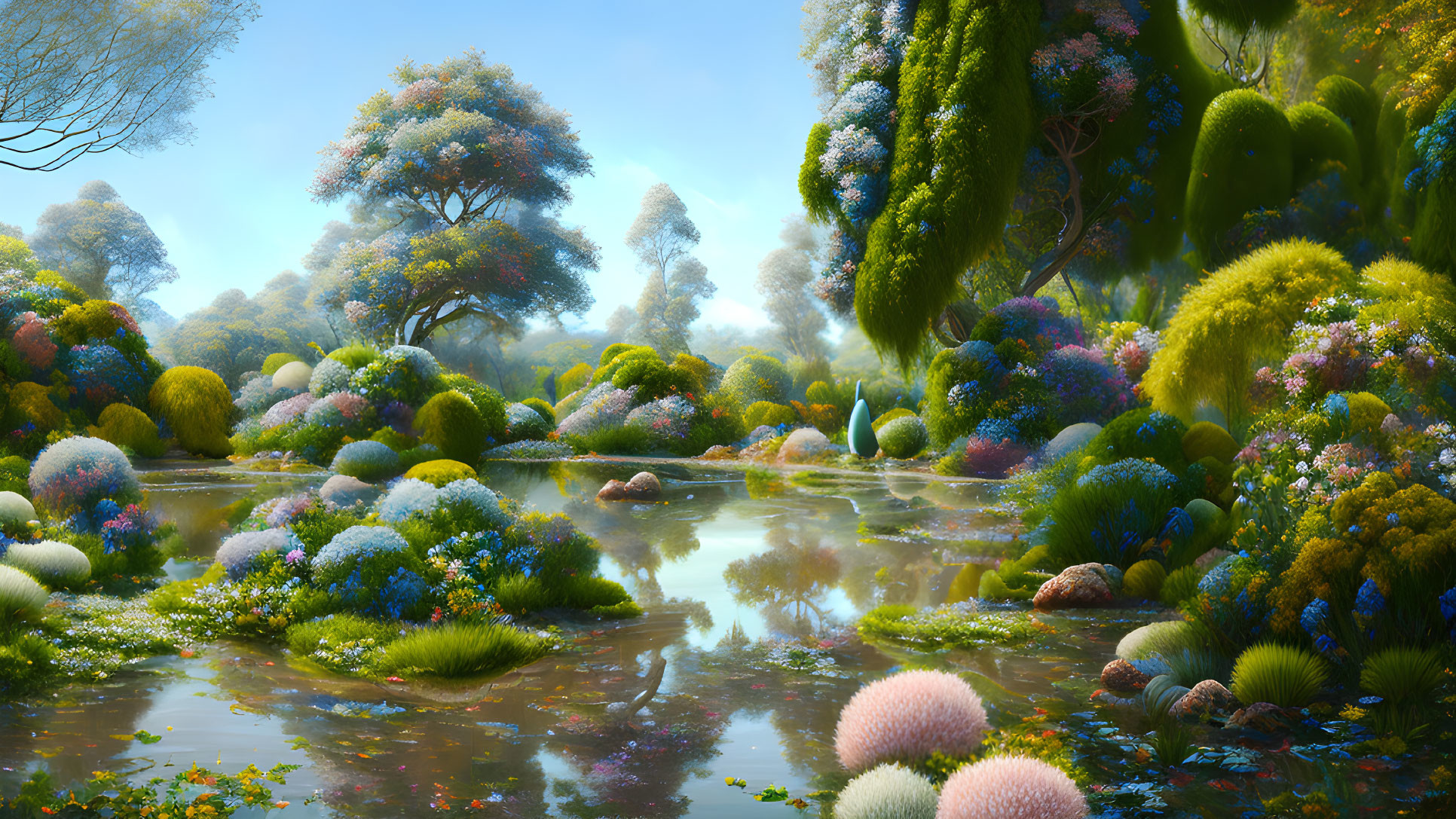 Fantastical garden with lush flora and serene pond