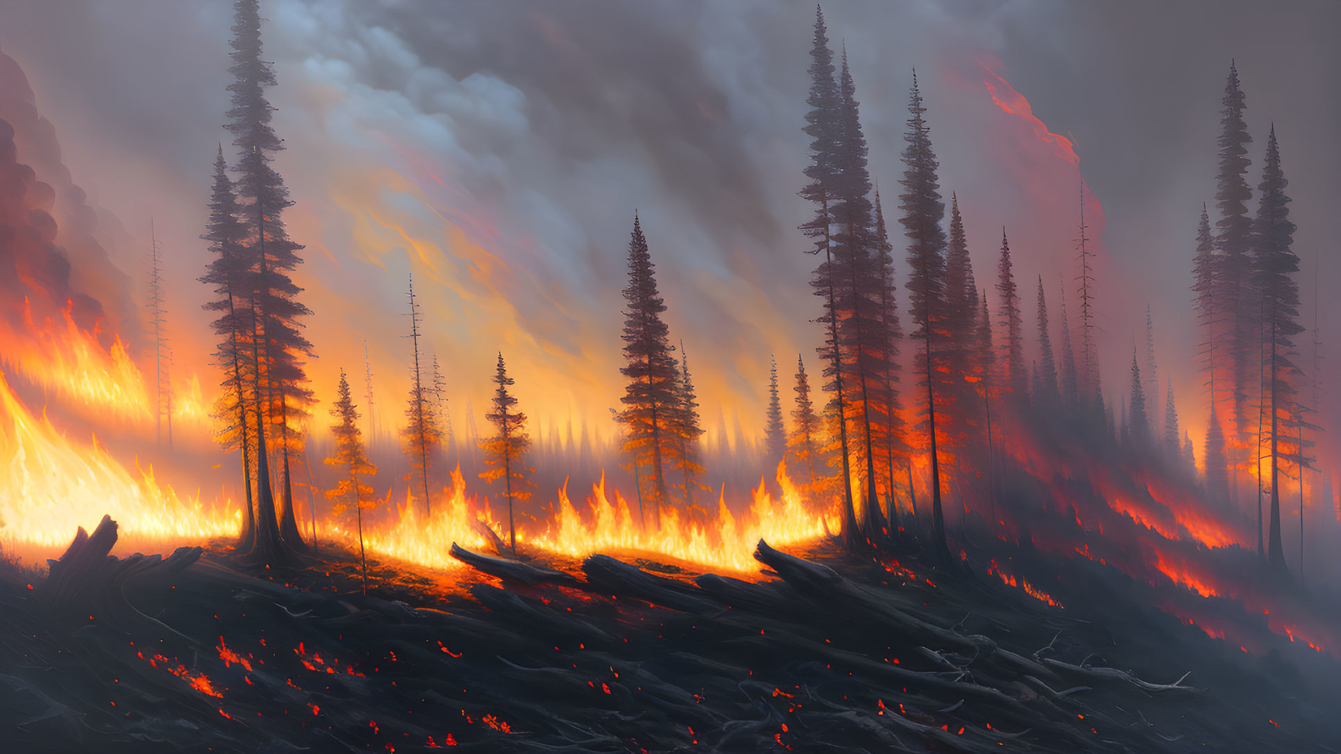 Massive forest wildfire with towering trees and intense flames engulfing underbrush.