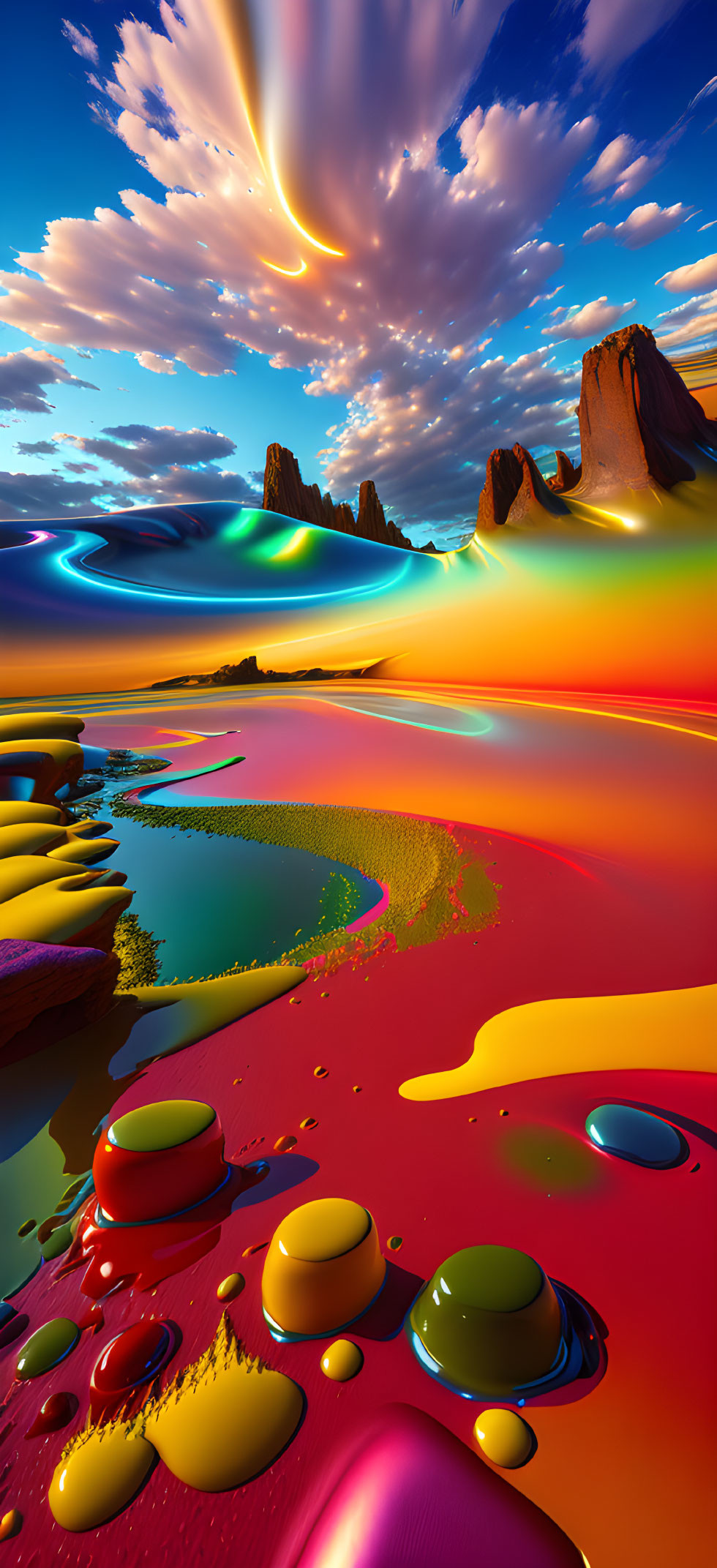 Colorful digital landscape with reflective liquid formations under dramatic sky