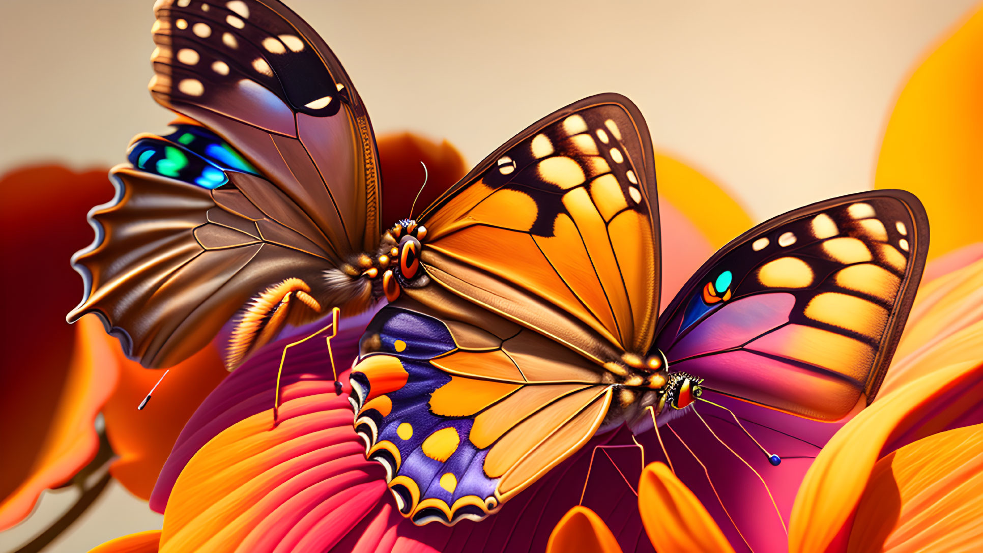 Vibrant Monarch Butterflies on Orange Petals with Soft-focus Background