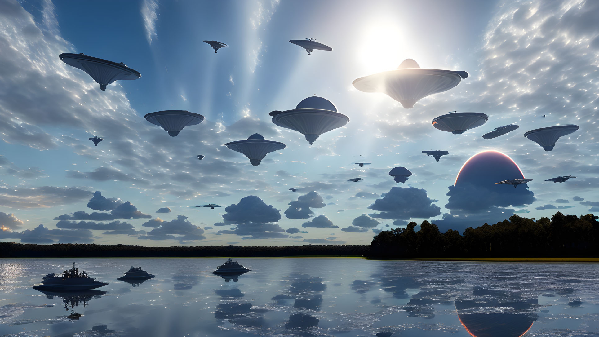 Lake scene with UFOs under dramatic sky