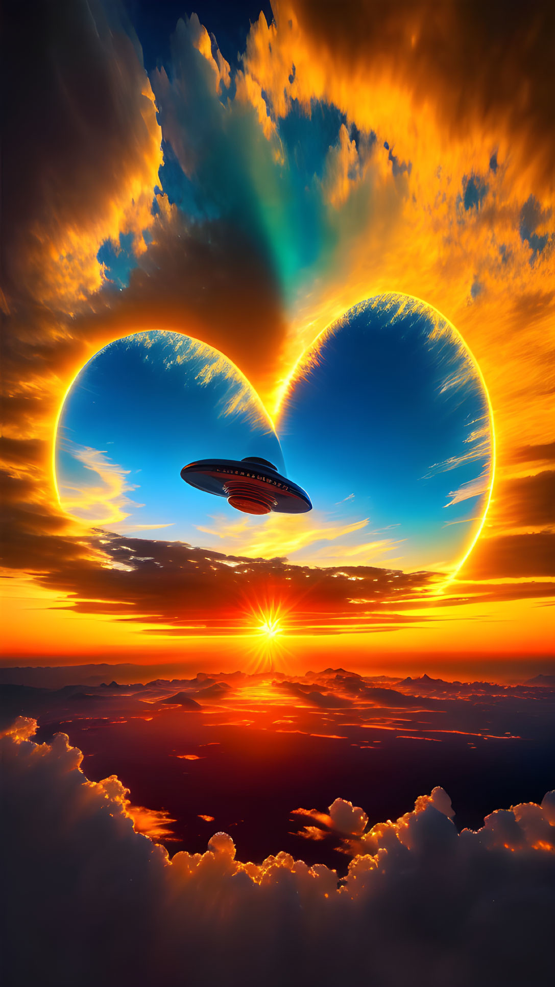 Colorful sunset with clouds, UFO, and heart-shaped halo in the sky