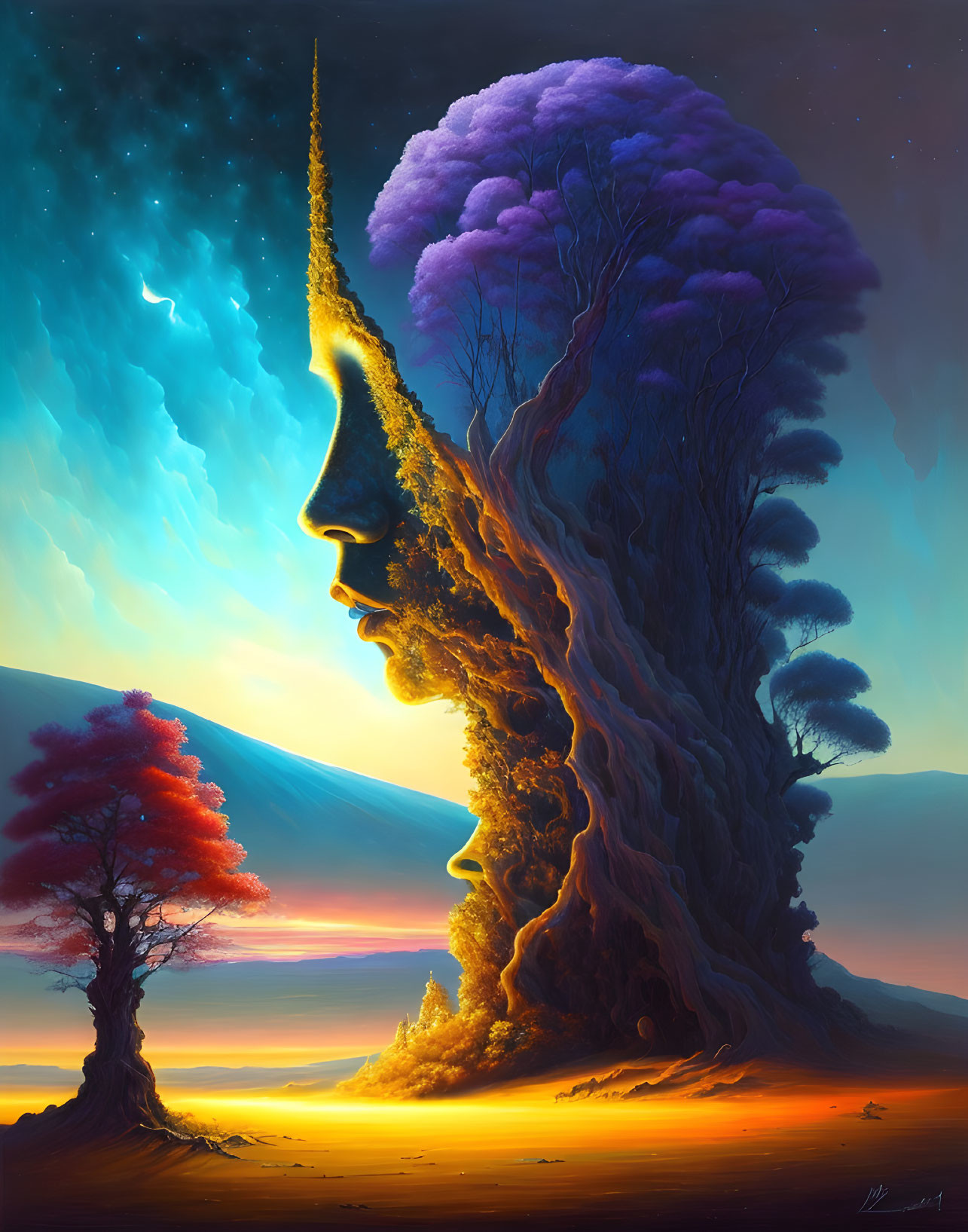 Surreal artwork: human profile merges with towering tree under starry sky