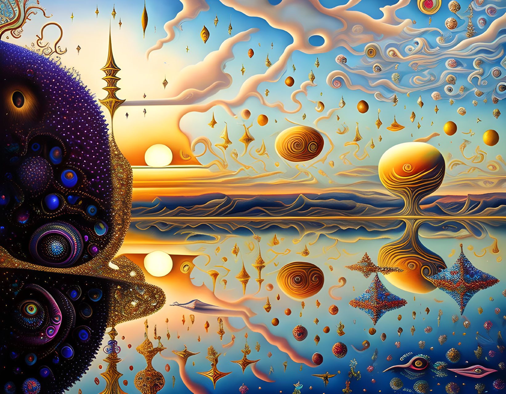 Surreal Landscape with Floating Orbs and Celestial Bodies