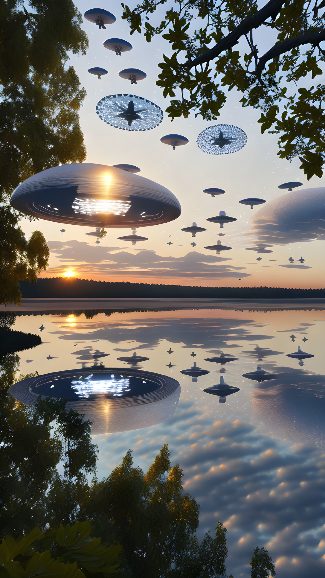 Multiple UFOs over serene lakeside at sunset