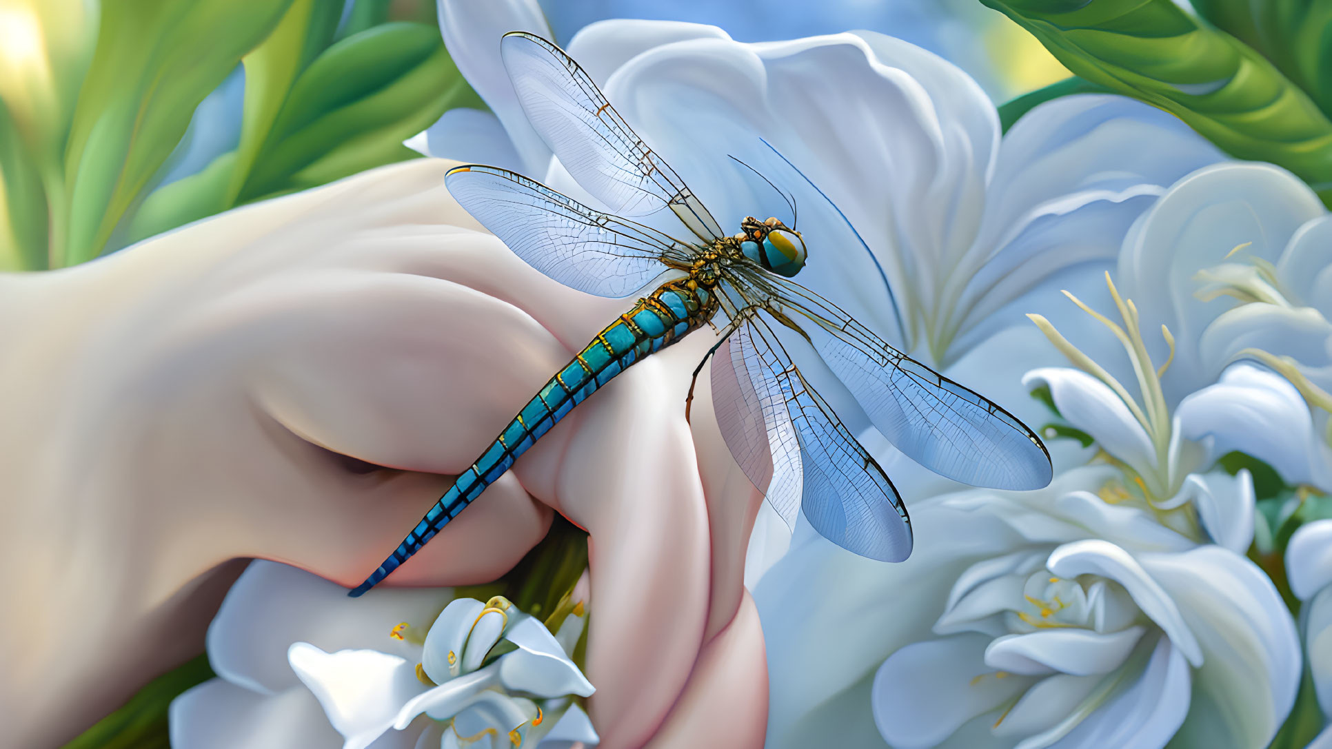 Detailed blue and green dragonfly on white flower in lush foliage