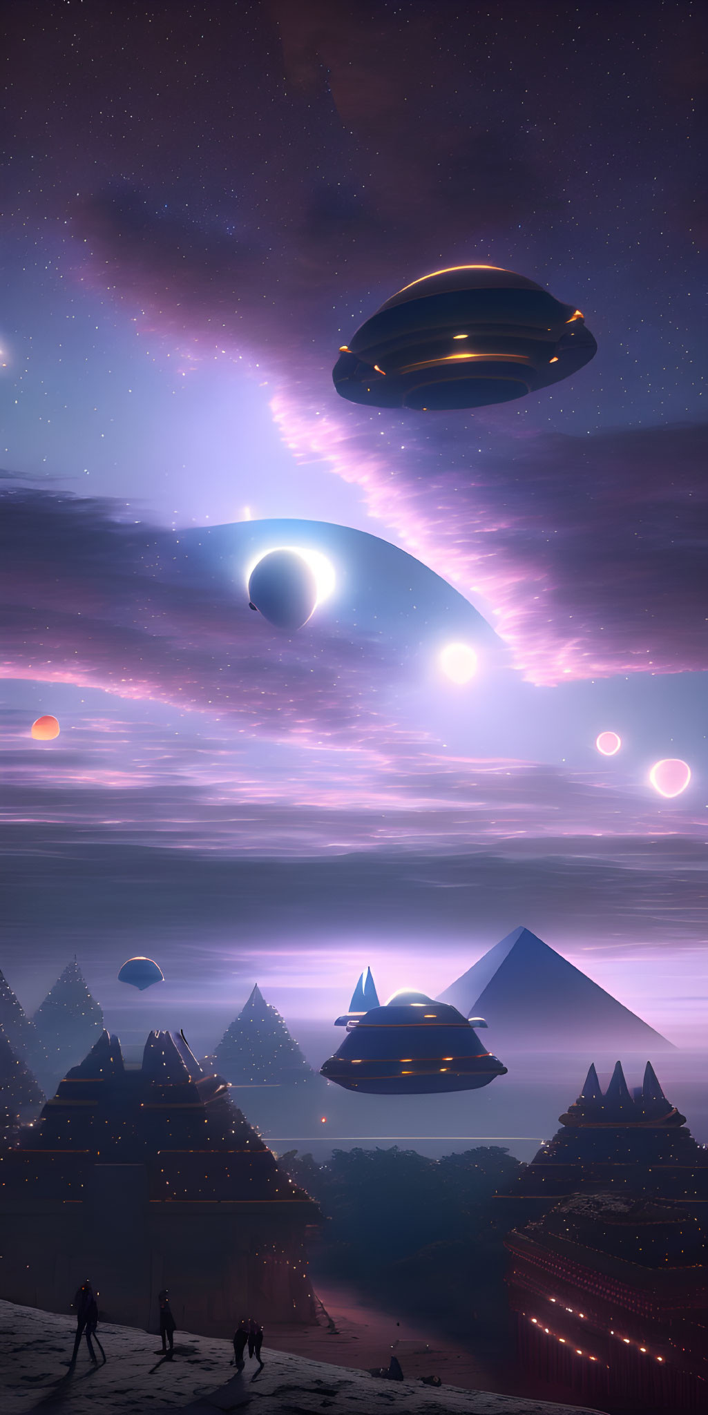 Sci-fi scene with pyramids, starry sky, people walking, and UFOs