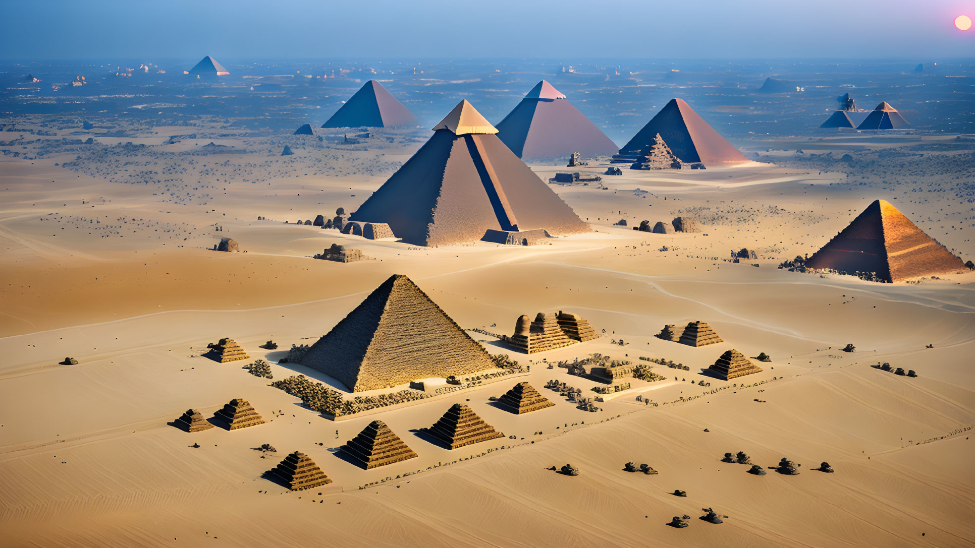 Panoramic view: Great Pyramids of Giza at sunset