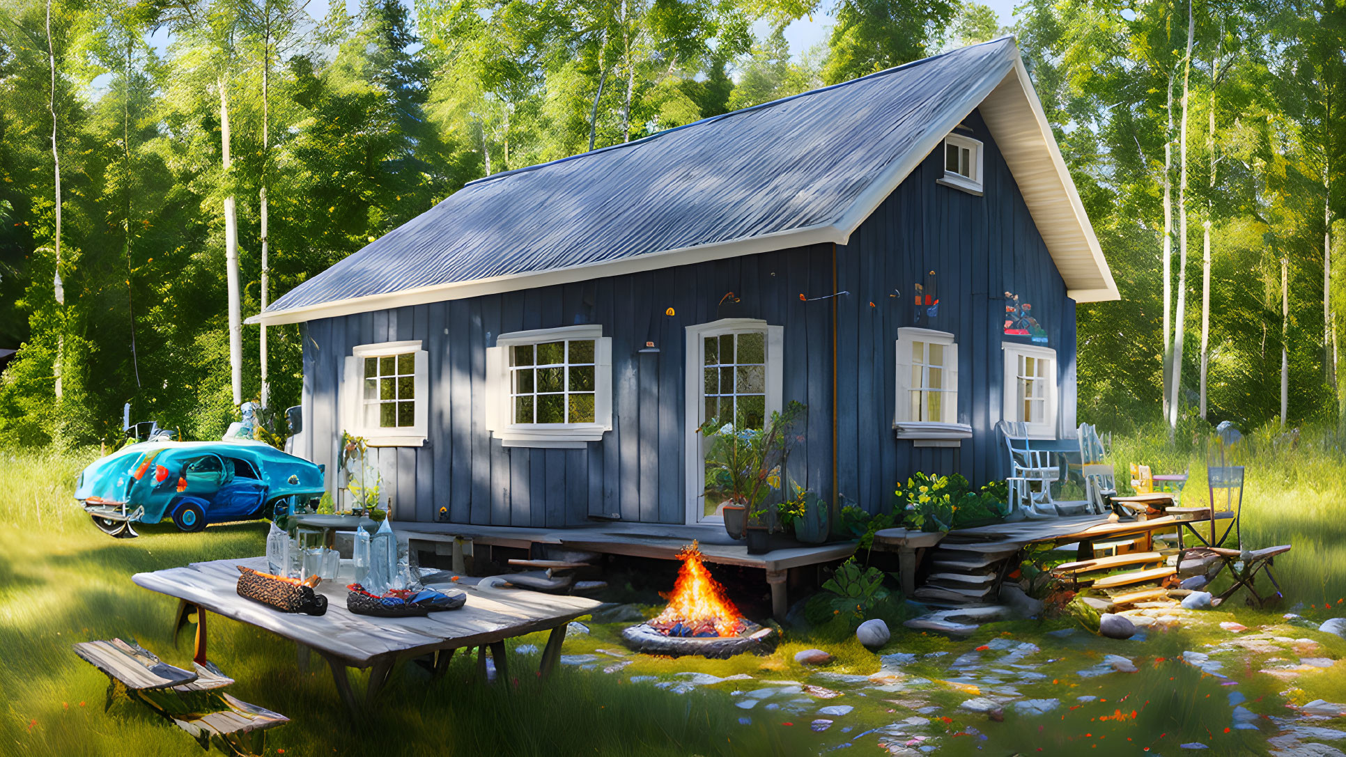 Blue Cottage with White Trim, Front Porch, Campfire, Vintage Car in Lush Forest