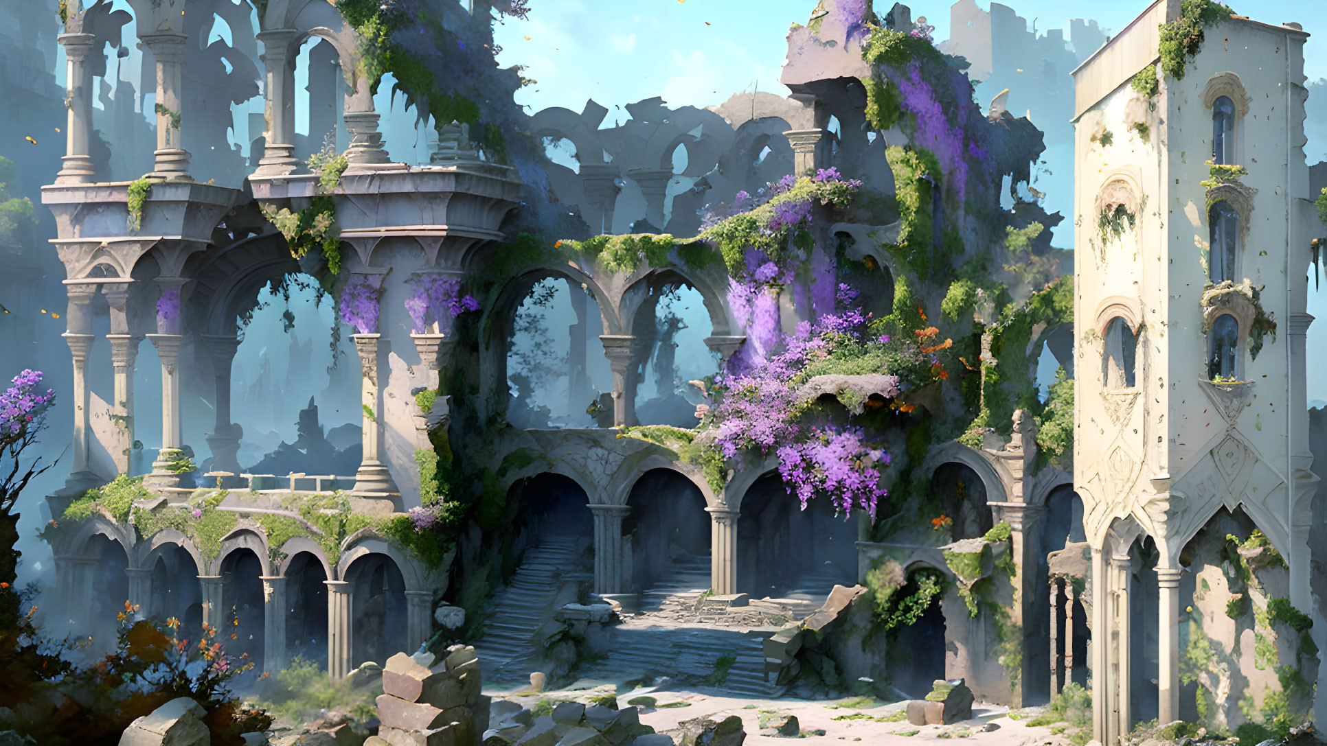 Overgrown ancient ruins with arches and staircases in nature.