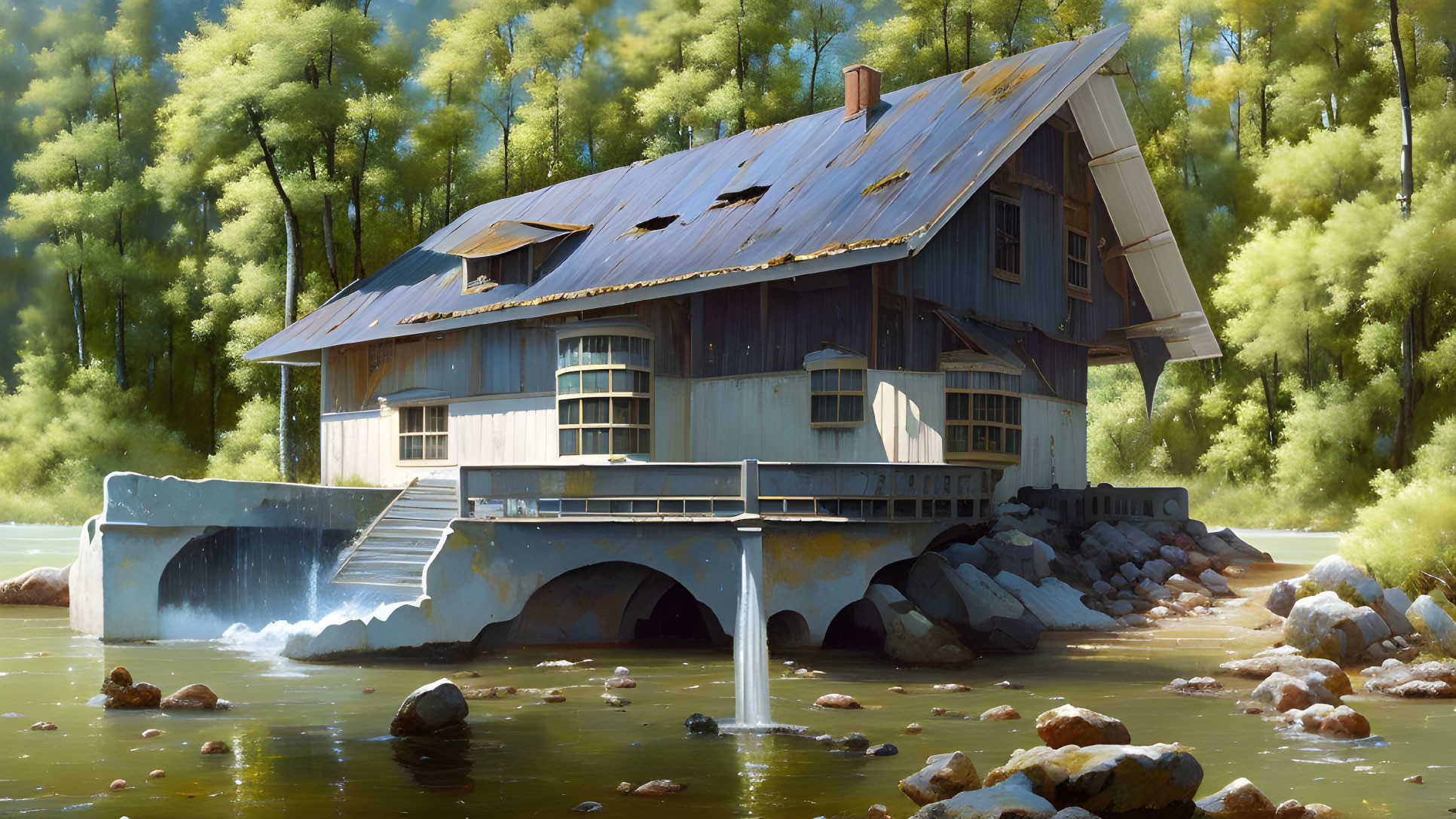 Rustic Blue House on Stone Bridge Over River