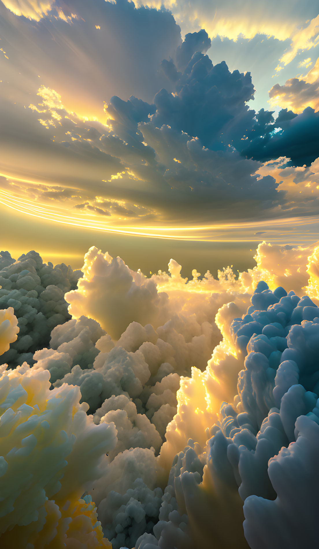 Golden sunset illuminating vast cloudscape with piercing light rays