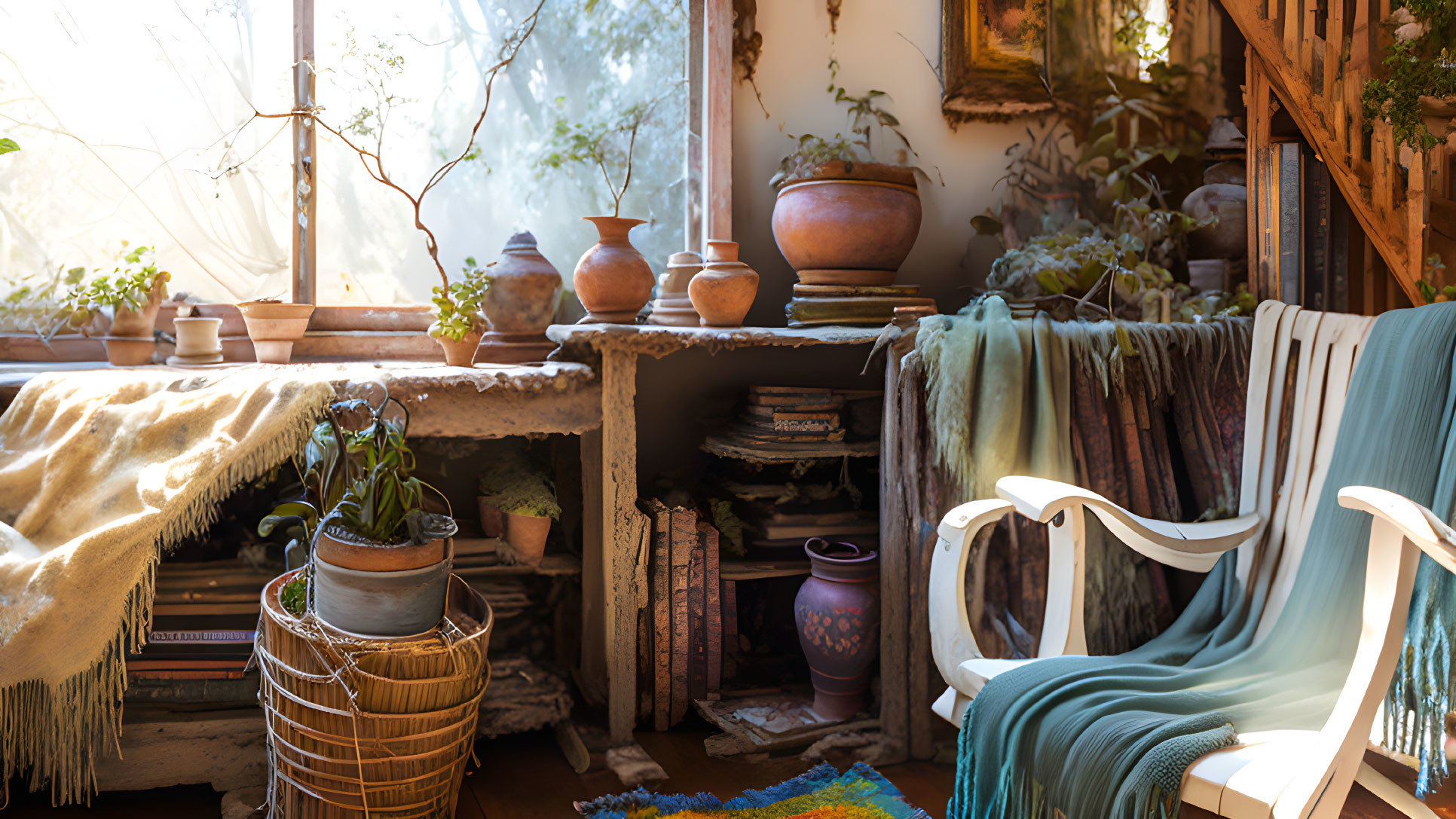 Sunlit room with plants, pottery, rocking chair & rustic decor