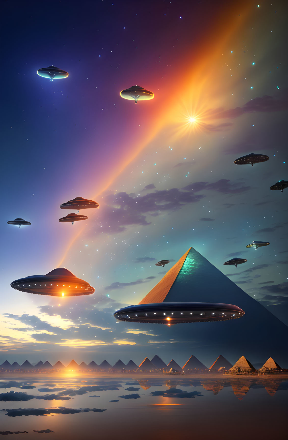 UFOs above Egyptian pyramid landscape at twilight