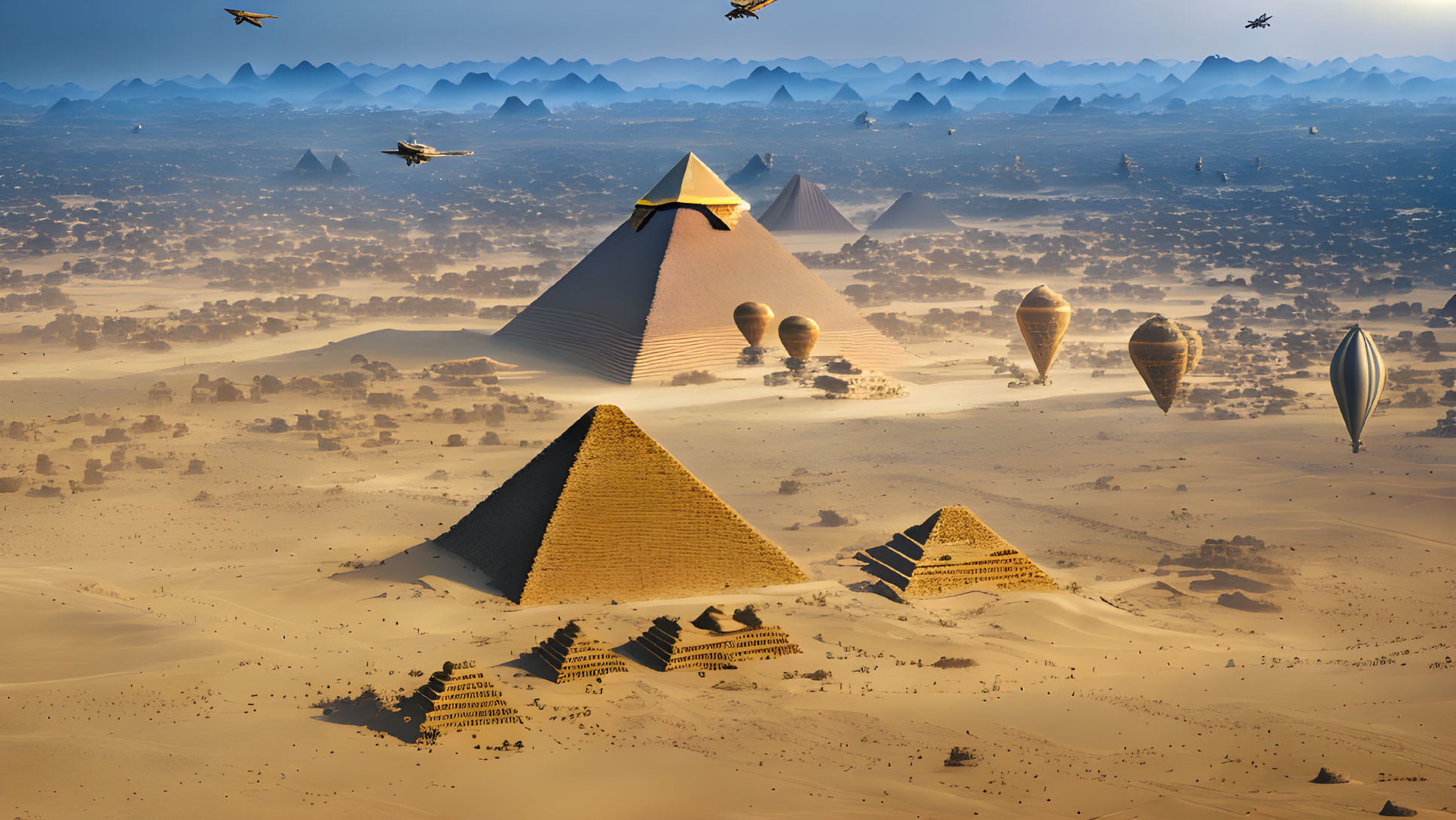 Pyramids in desert landscape with hot air balloons and birds at sunrise