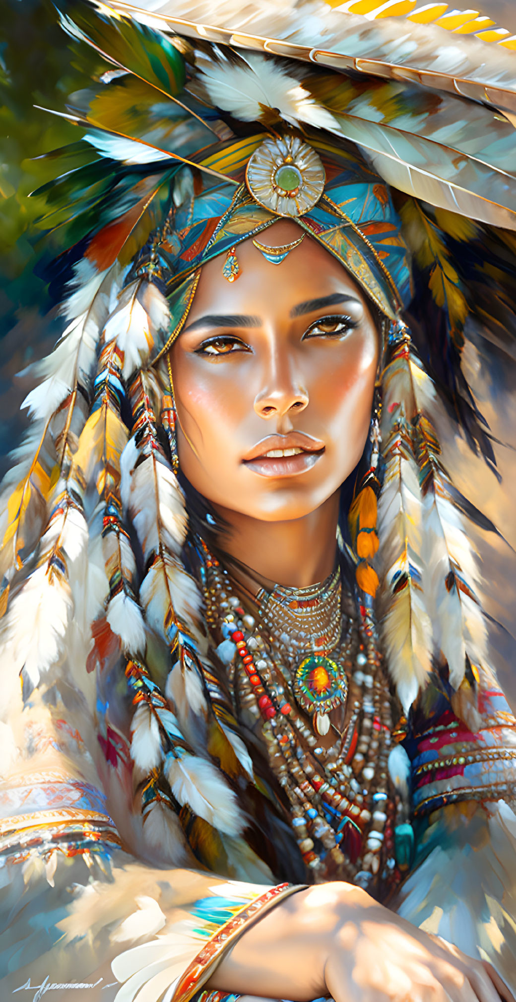 Detailed Feather Headdress and Beadwork on Woman in Serene Pose