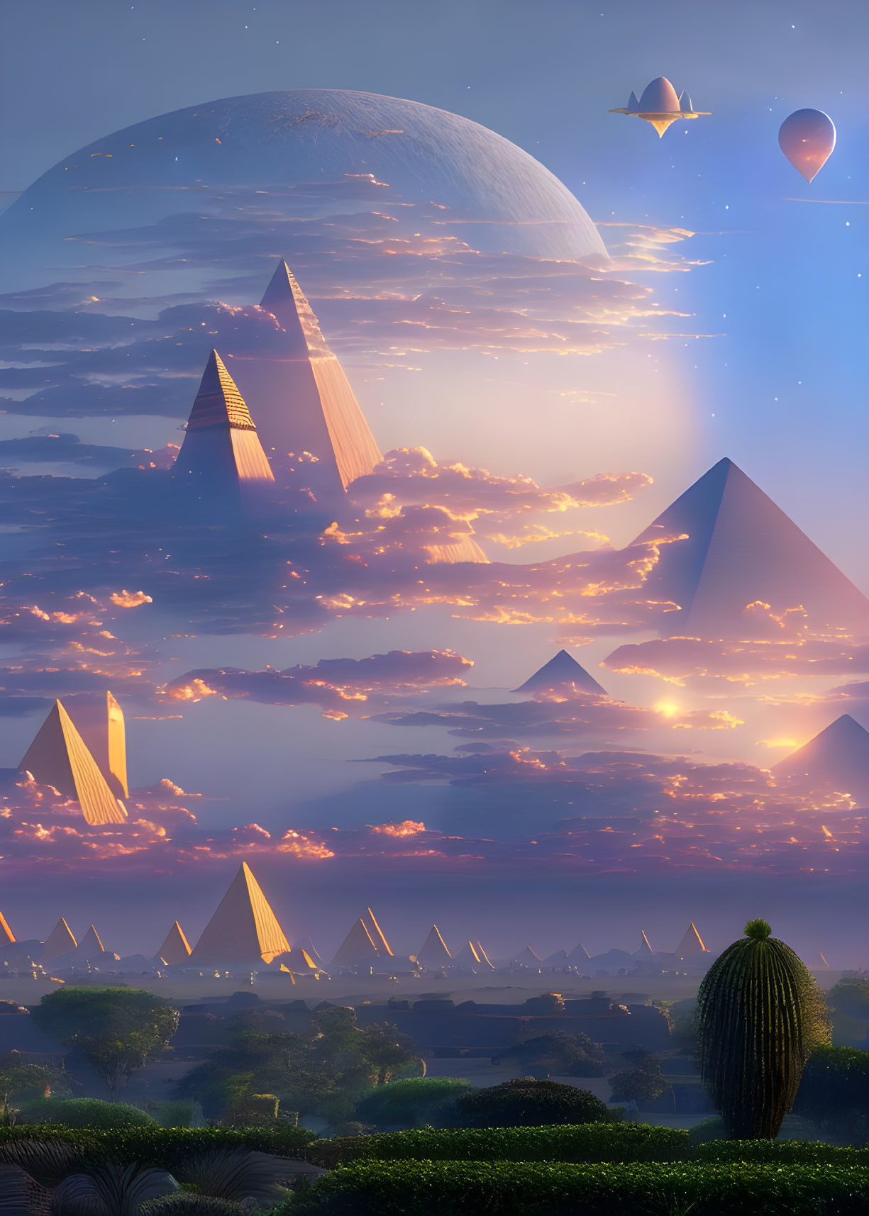 Fantastical landscape with pyramids, airships, and exotic flora at sunrise