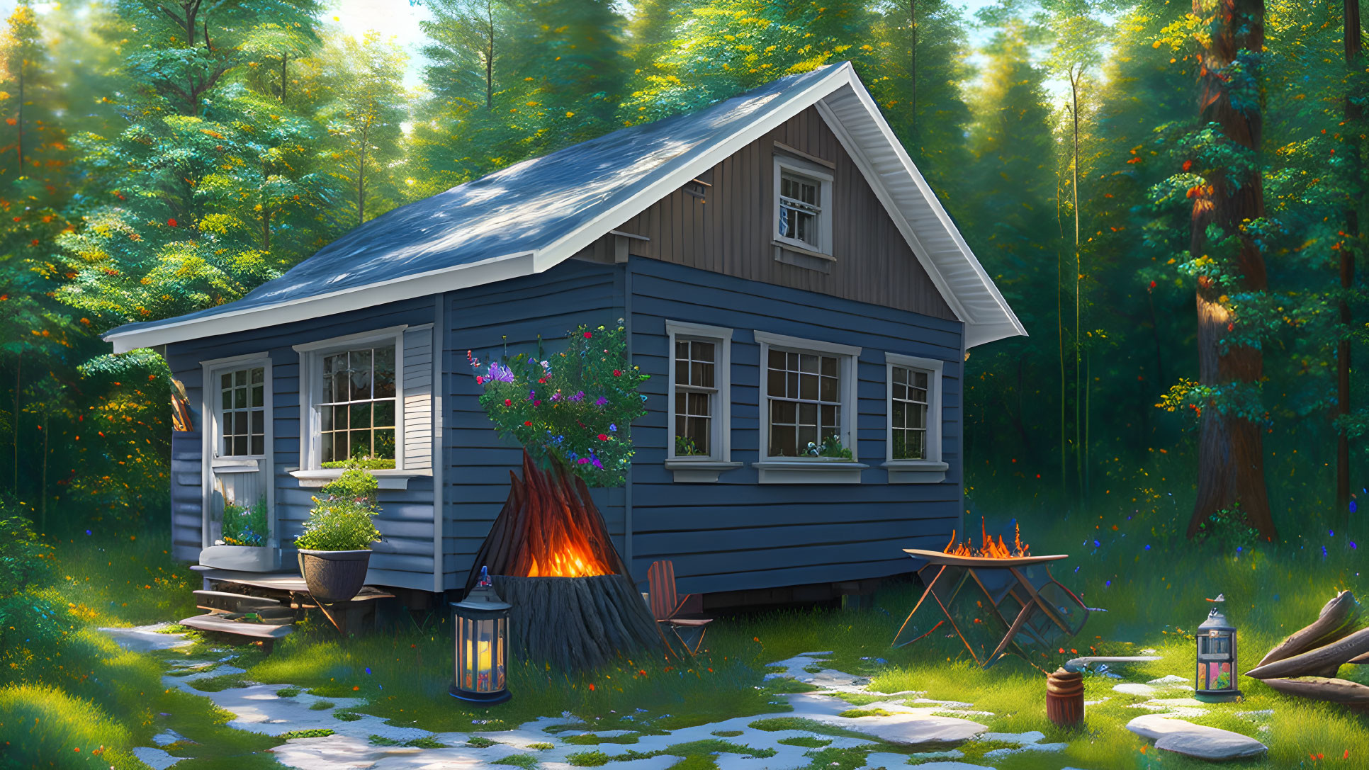 Blue cabin in serene forest clearing with campfire and lush greenery