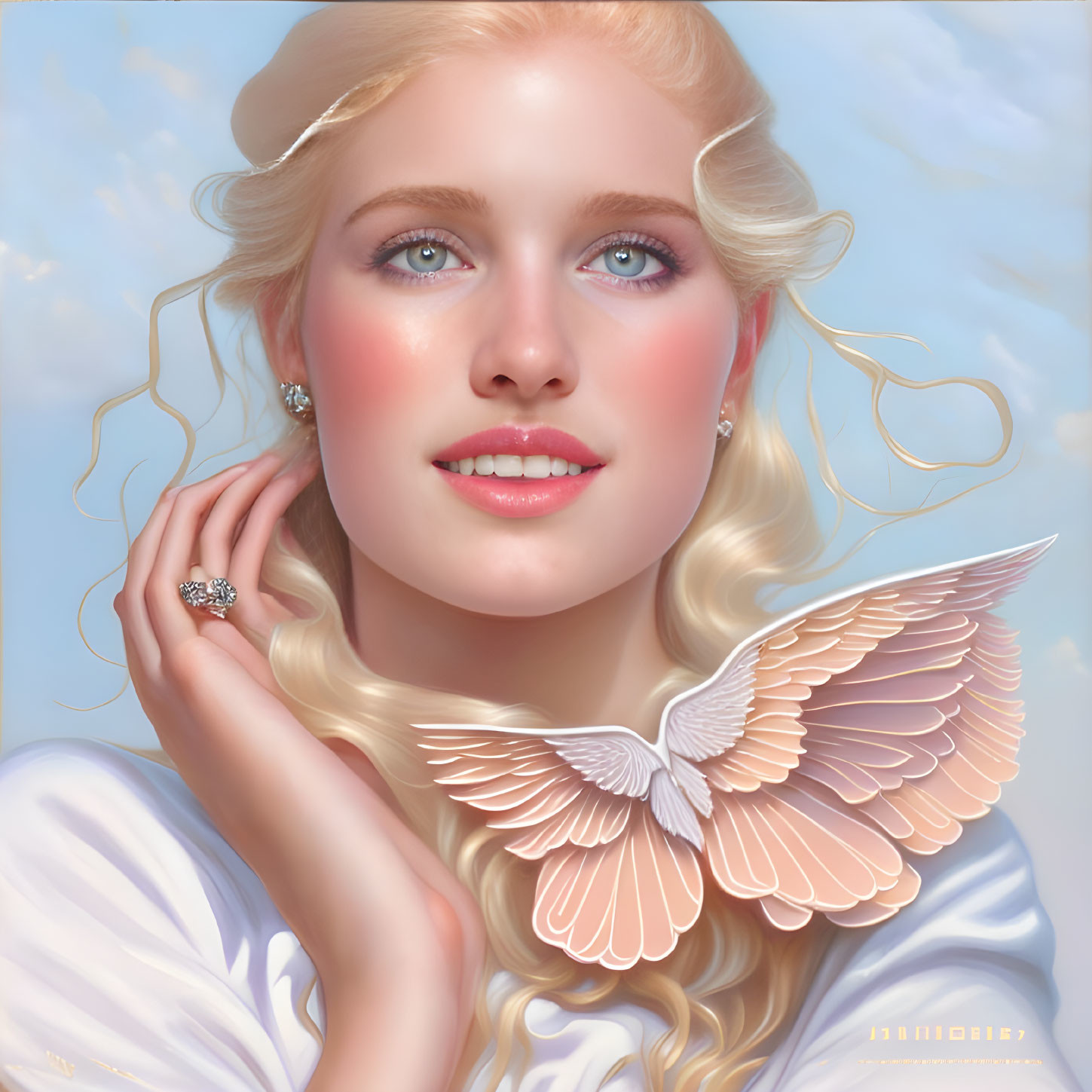 Blonde Curly-Haired Woman in White Dress with Bird Wings Portrait