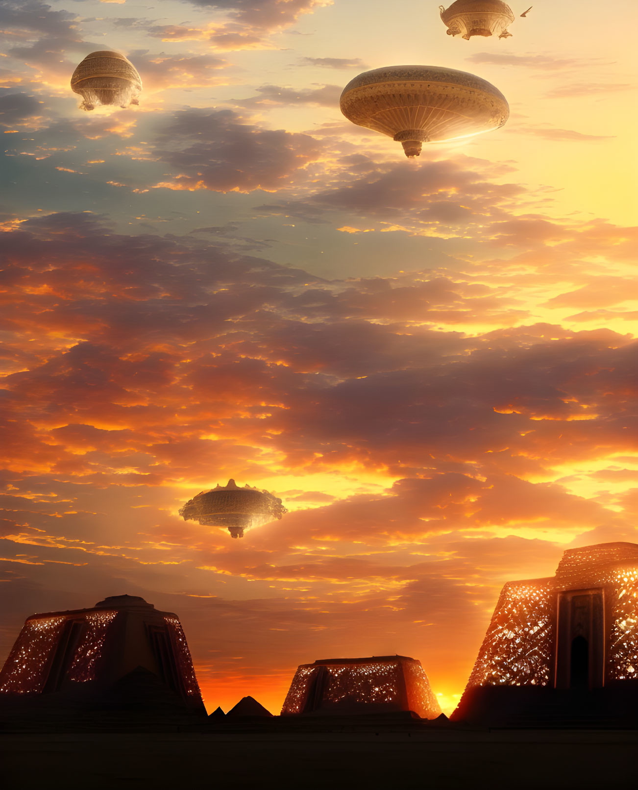 Orange Clouds Over Silhouetted Pyramids and Hot Air Balloons