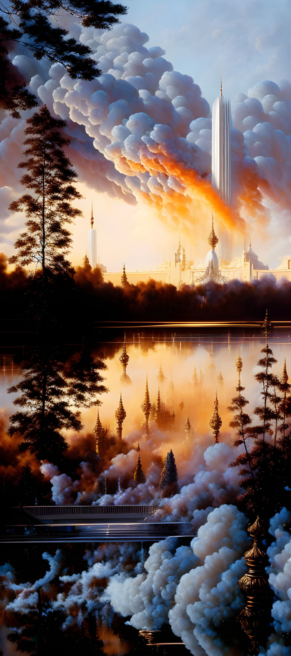 Futuristic cityscape in tranquil forest lake at sunset