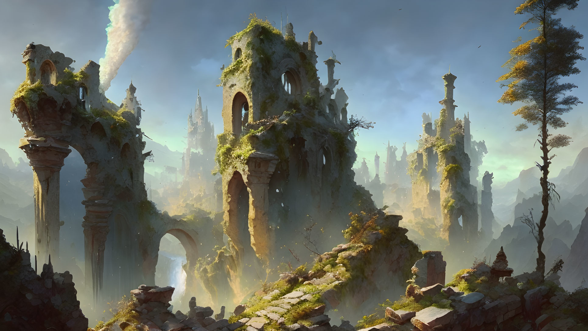 Ethereal fantasy landscape with ancient ruins, arches, towers, mountains, fog, sunlight