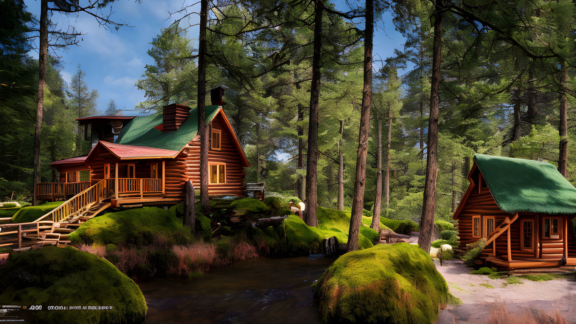 Tranquil woodland cabin by stream and pine trees