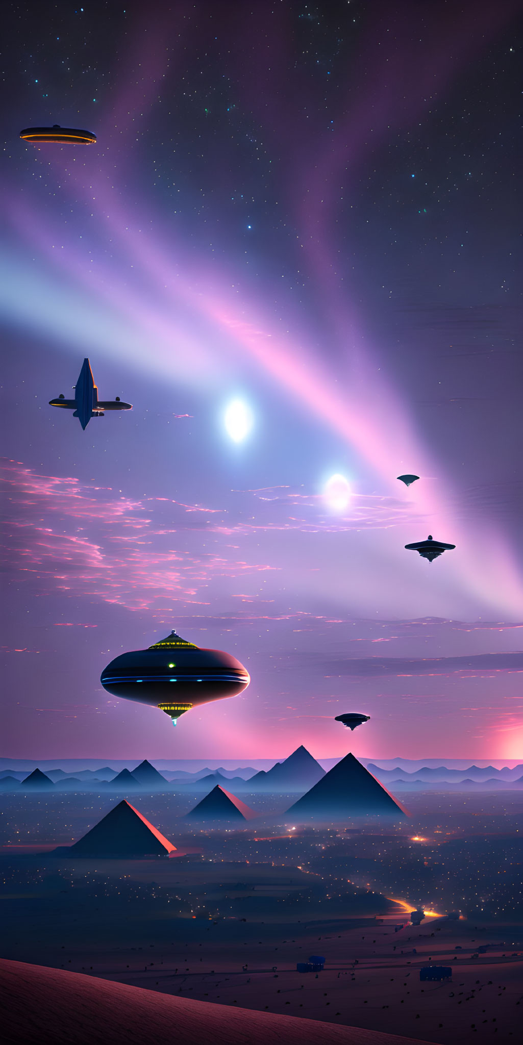 Surreal pyramids under starry sky with UFOs and spaceship.