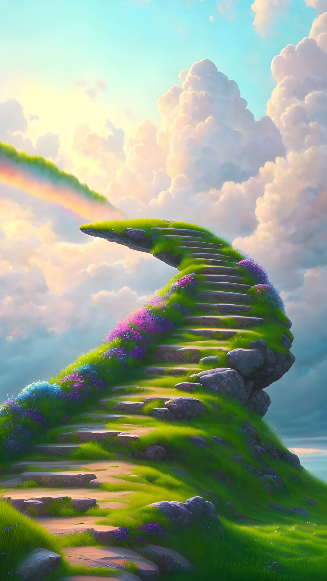 Stone pathway winding through sky with clouds, greenery, flowers, and rainbow.