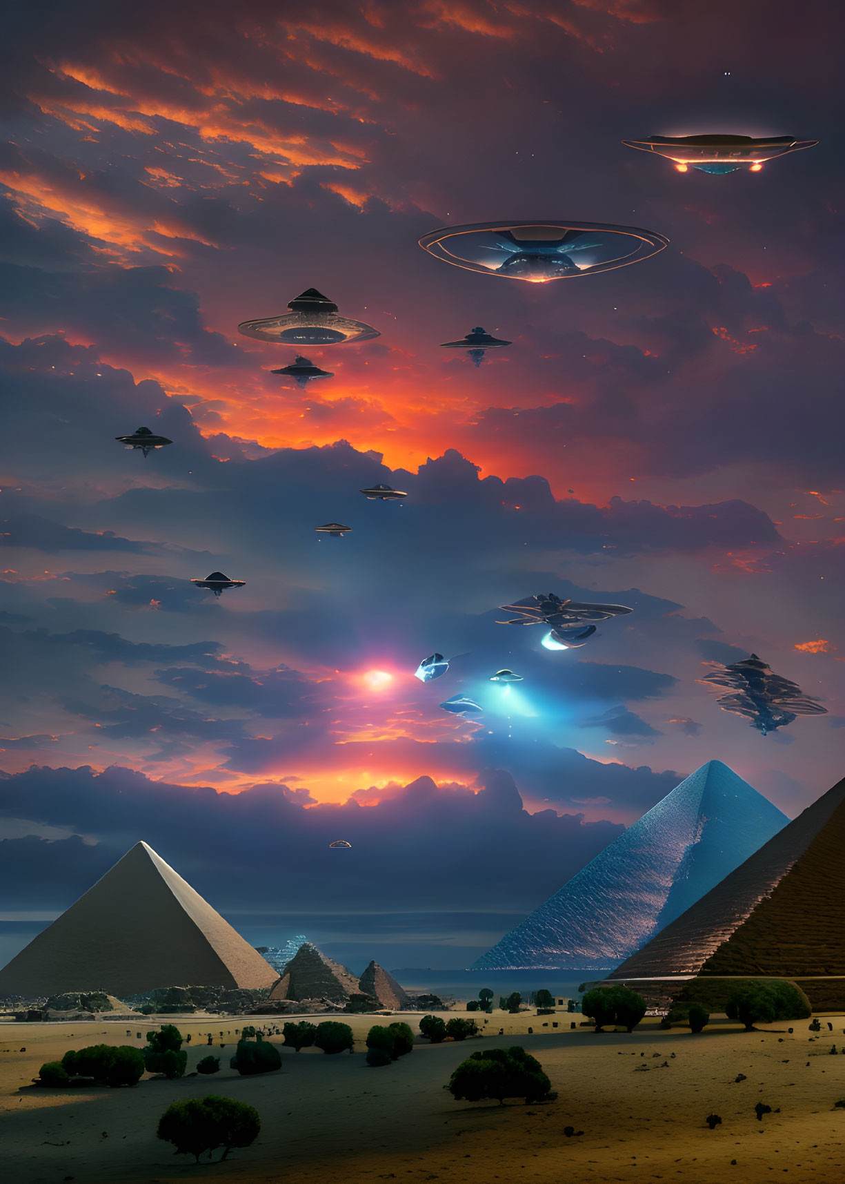 Fleet of UFOs over Giza pyramids at sunset