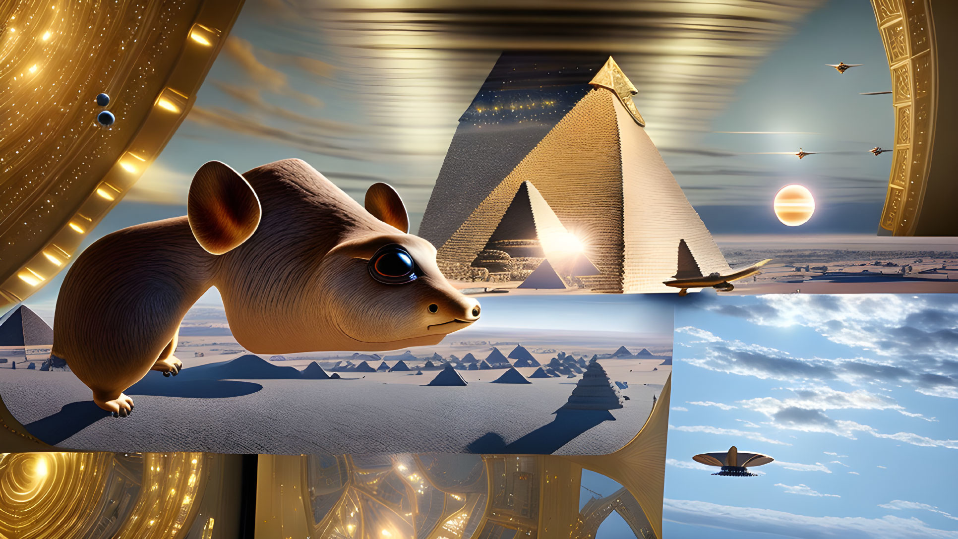 Surreal desert collage with rodent, pyramids, frames, and multiple suns