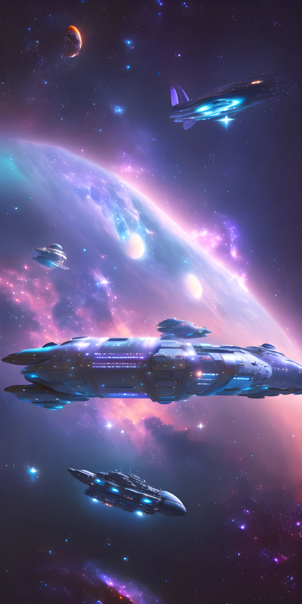 Futuristic spaceships in vibrant cosmic scene