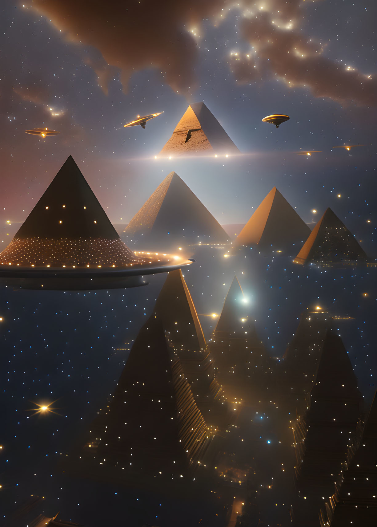 Pyramids under starry sky with futuristic spacecraft.