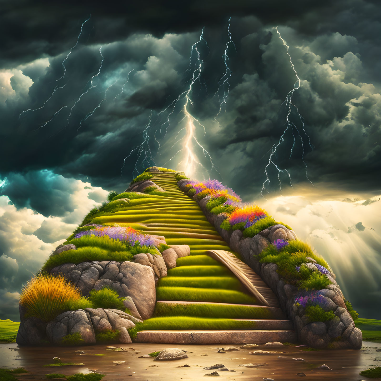 Mystical stairway in stormy sky with lightning bolts and lush flora