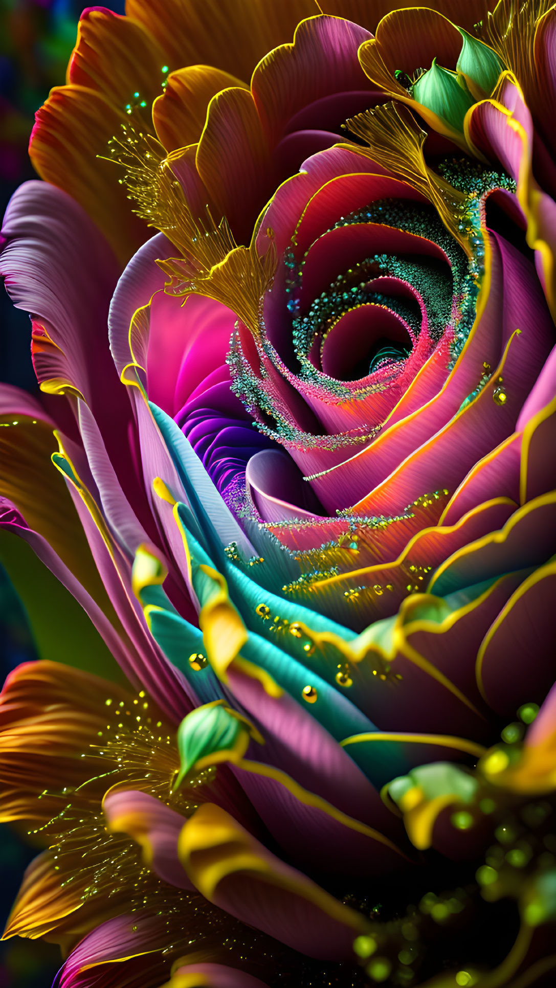 Colorful digital artwork: Swirling floral fractal design with vivid colors