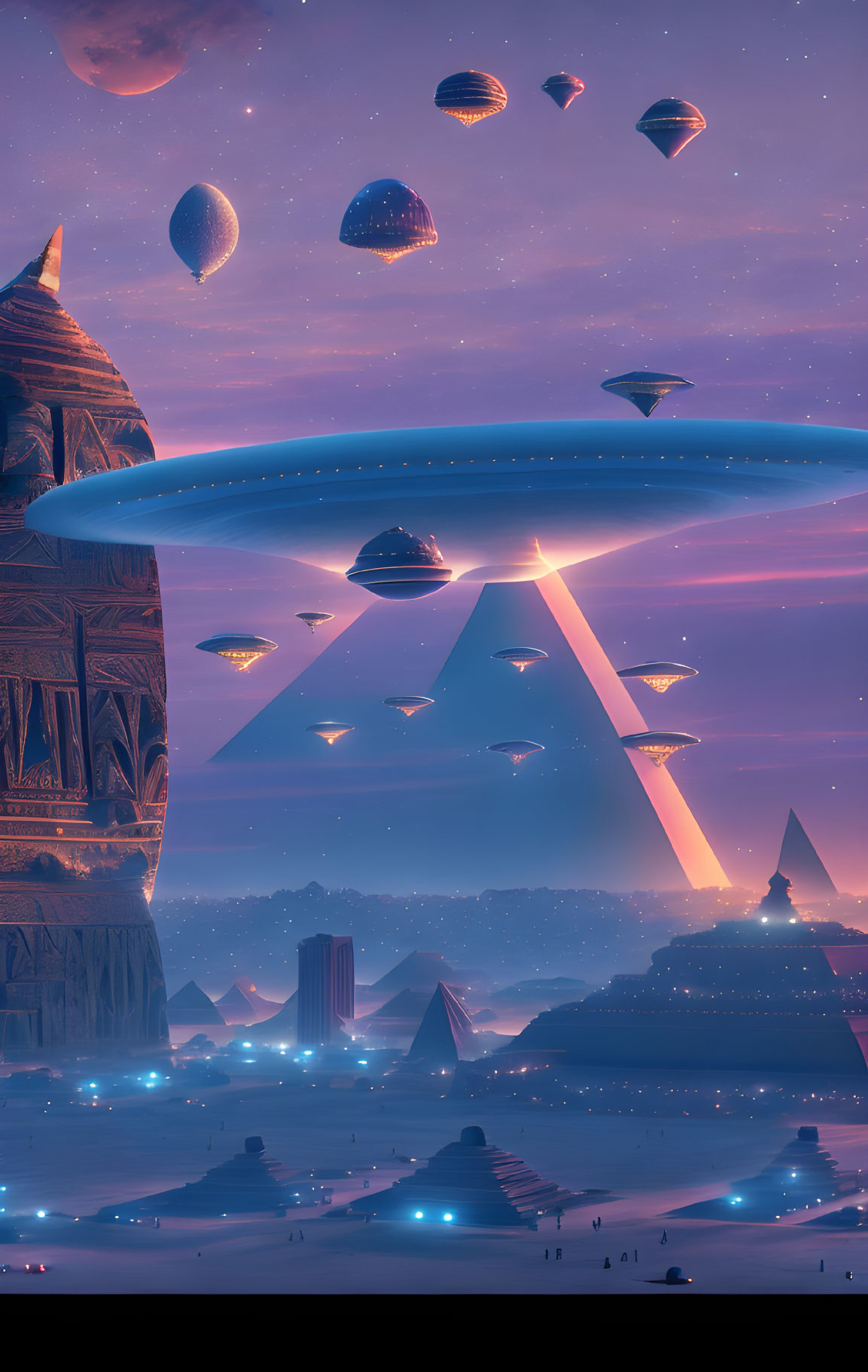 Futuristic landscape with pyramids, flying saucers, balloons, and ring structure.