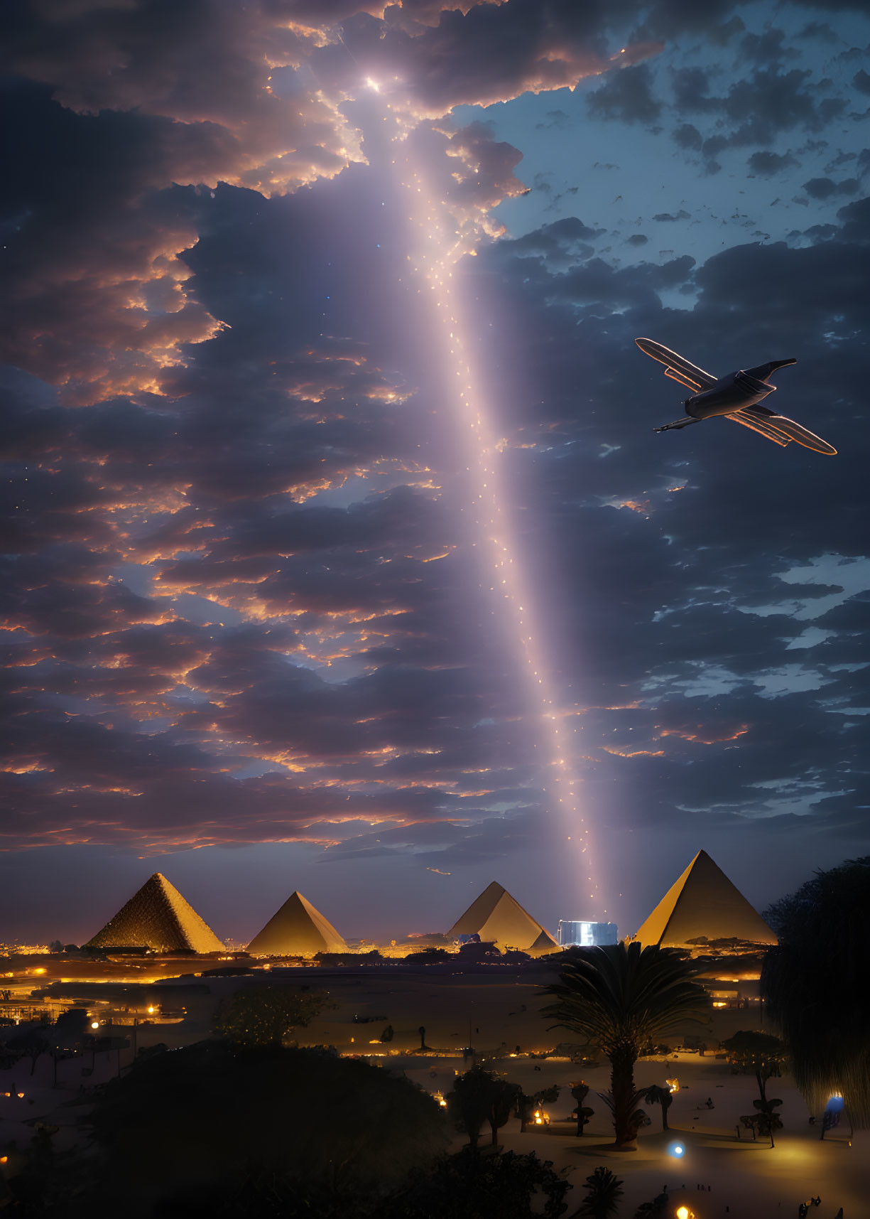 Illuminated Pyramids of Giza at night with dramatic sky and airplane.