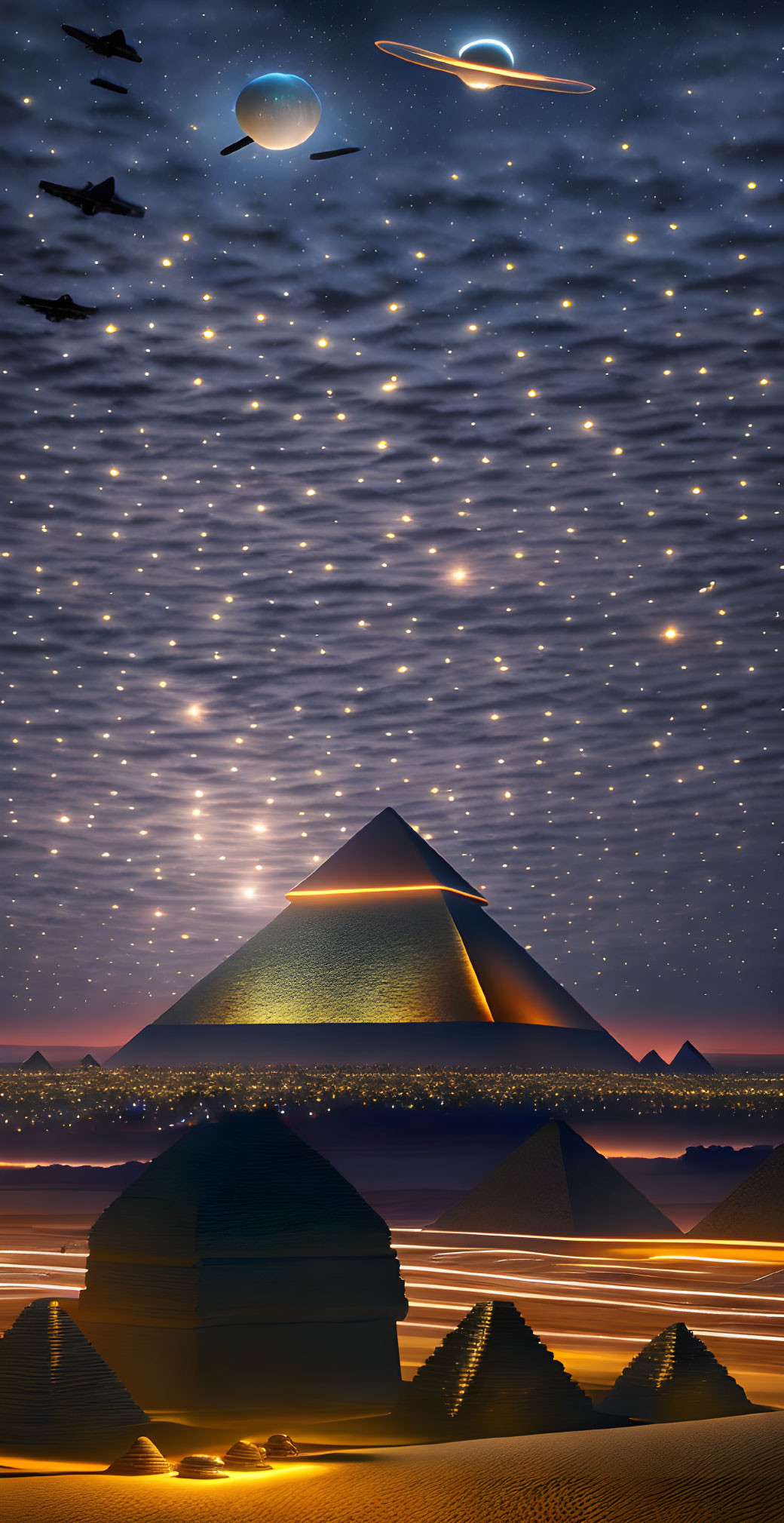 Digital art: Giza pyramids at night with UFOs & cityscape