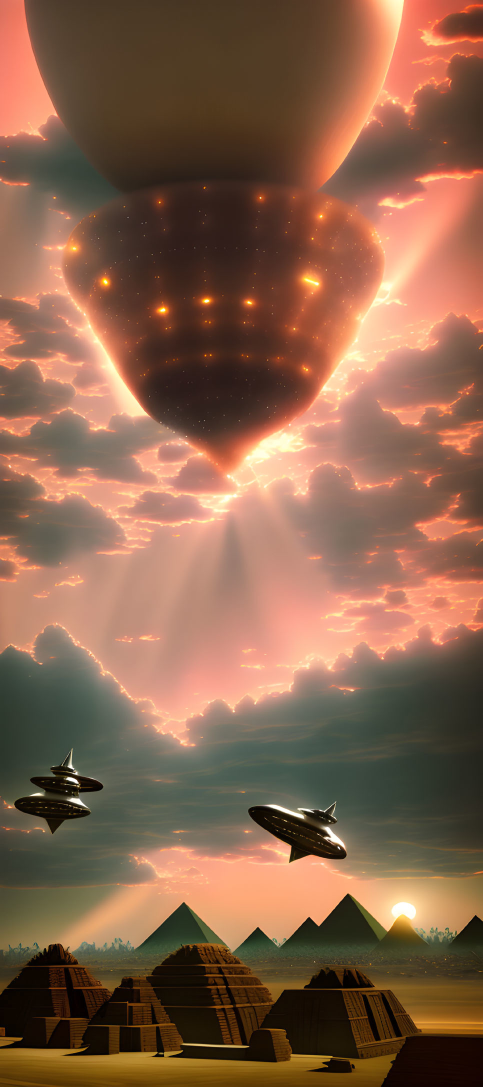 Futuristic sci-fi landscape with pyramids, ships, and glowing celestial object