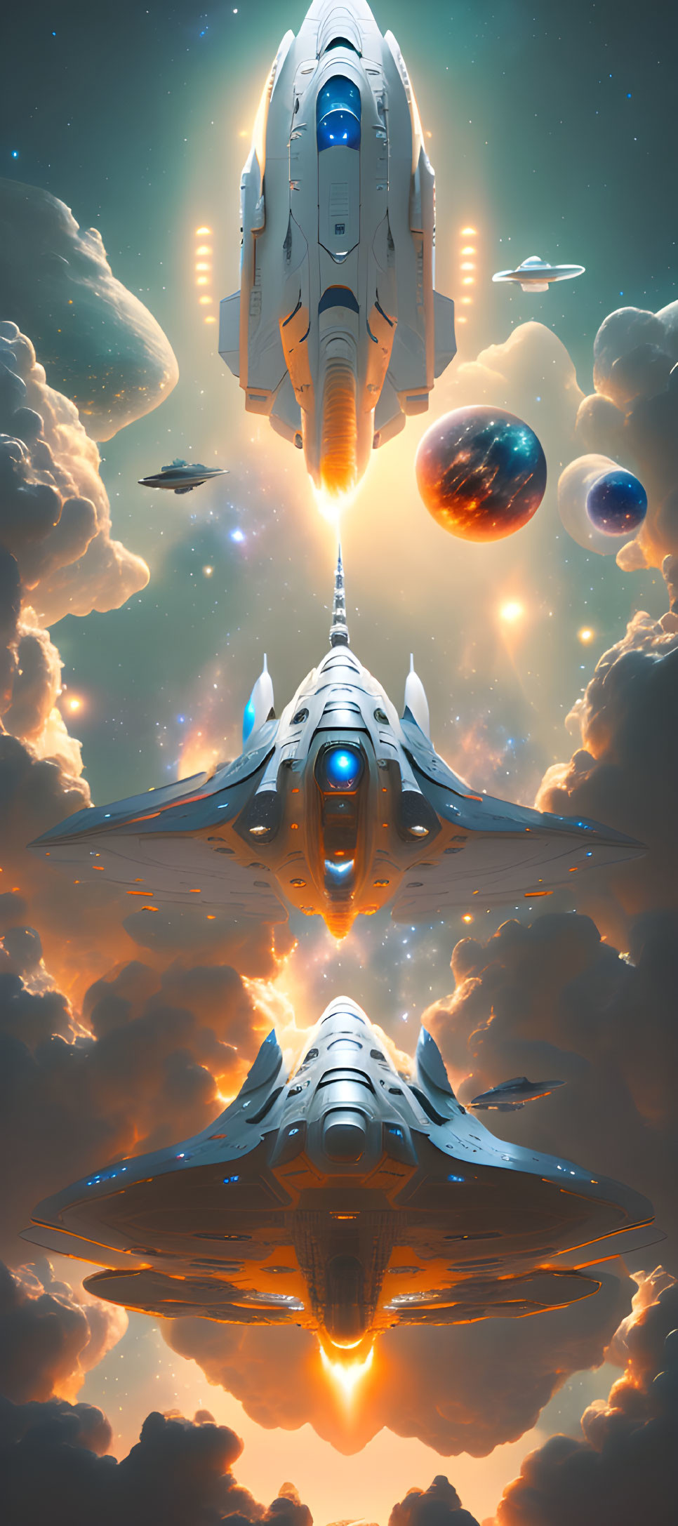 Futuristic spaceships flying towards vibrant planets in celestial sky