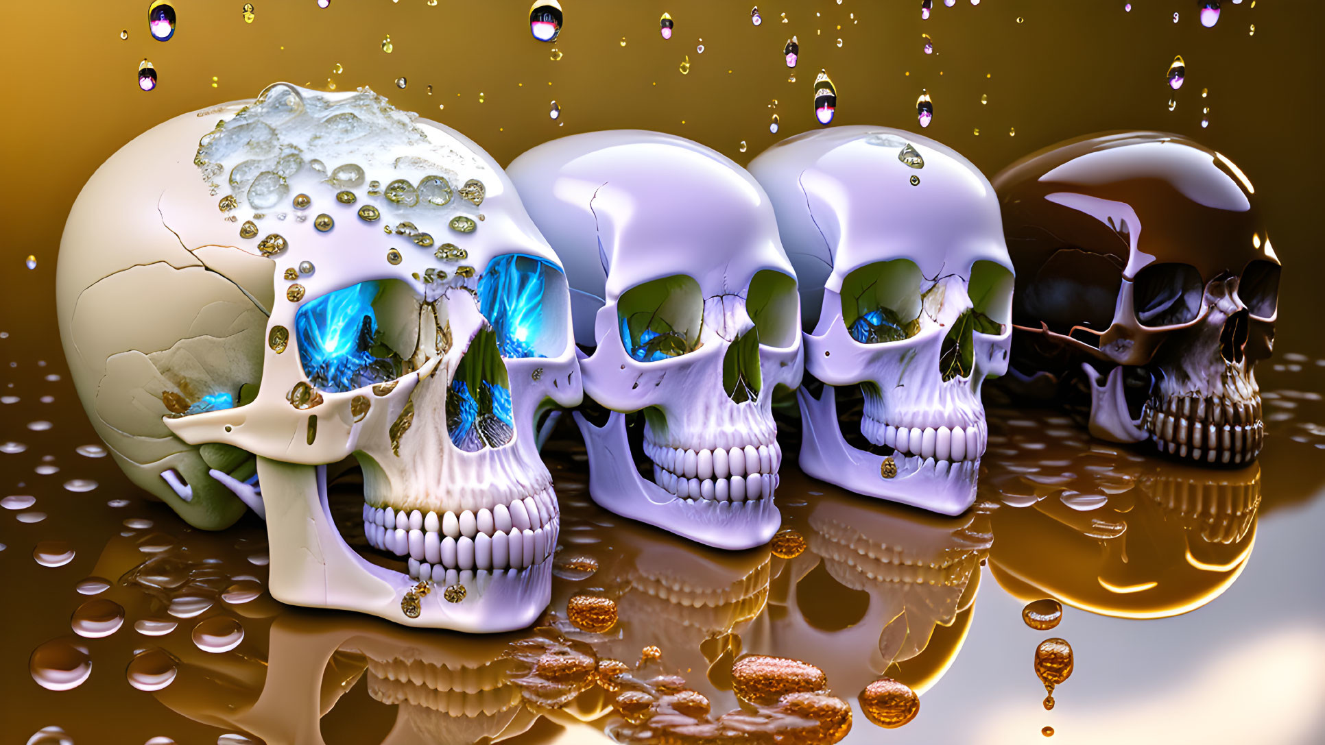 Glossy skulls with water droplets on golden surface, one cracked open.